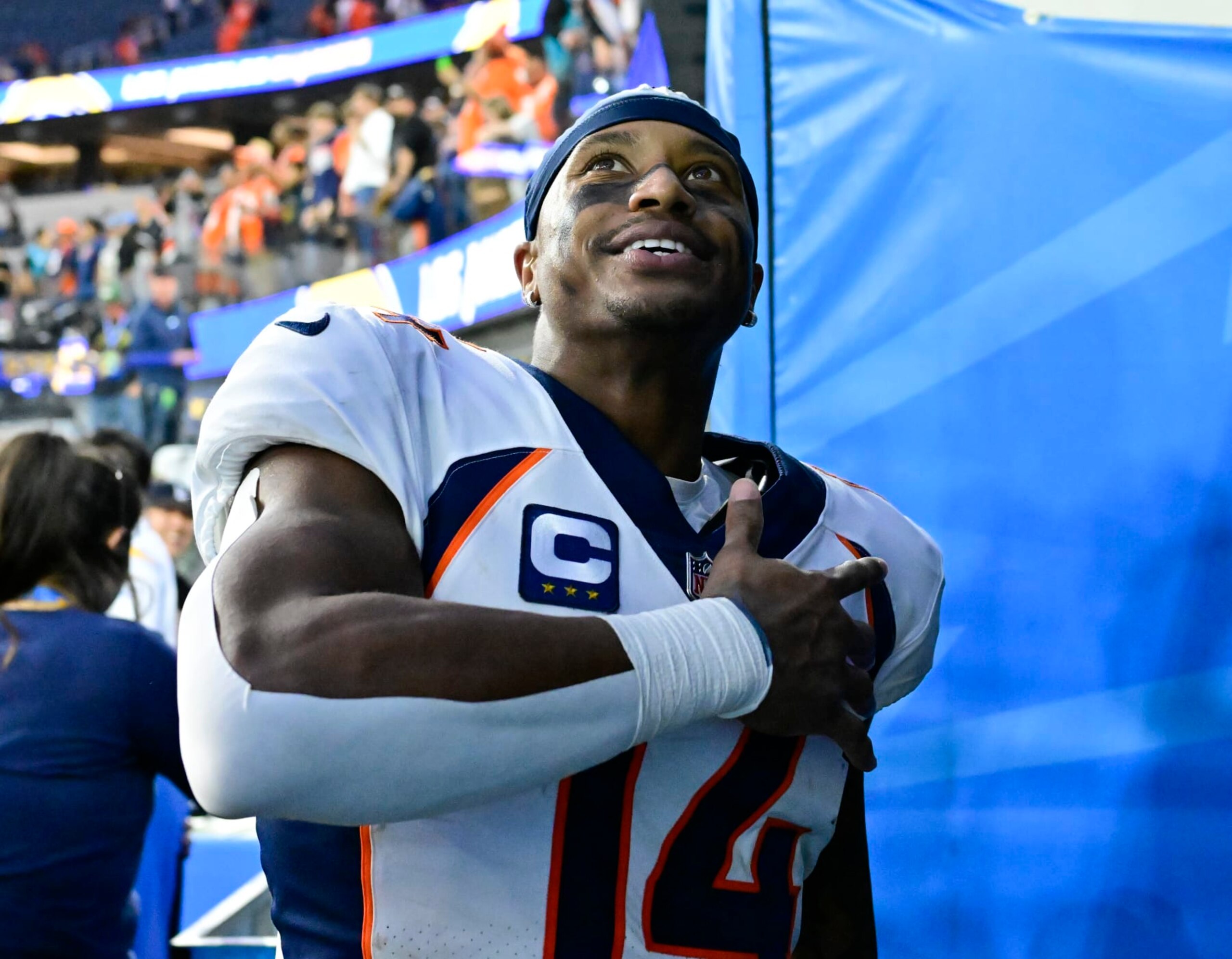 INGLEWOOD, CA - DECEMBER 10: Denver Broncos wide receiver Courtland Sutton (14) laying the field after defeating the Los Angeles Chargers at SoFi Stadium in Inglewood, California Sunday December 10, 2023. (Photo by Andy Cross/MediaNews Group/The Denver Post via Getty Images)