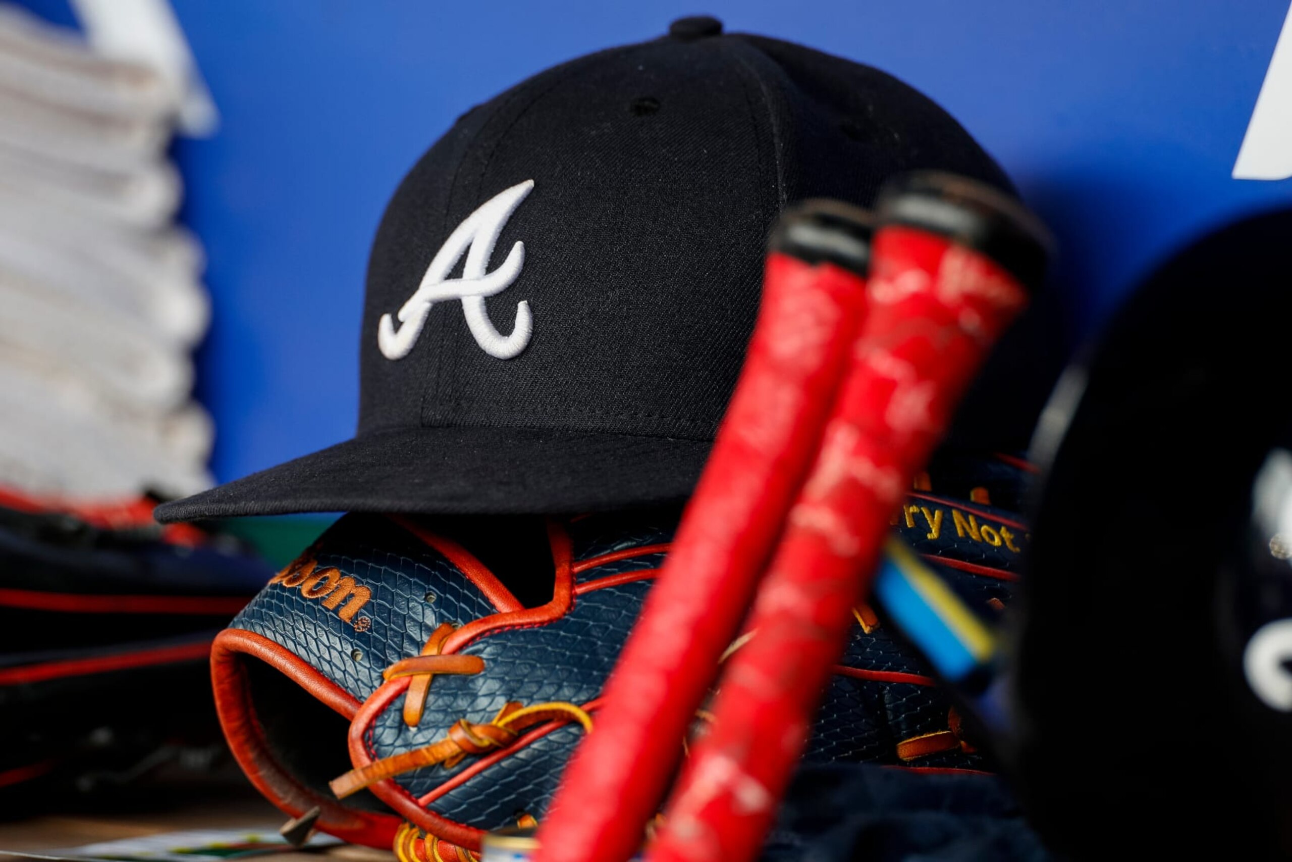 WASHINGTON, DC - SEPTEMBER 24: The Atlanta Braves logo on a hat in the dugout in the first inning during game one of a doubleheader against the Washington Nationals at Nationals Park on September 24, 2023 in Washington, DC. (Photo by Brandon Sloter/Image Of Sport/Getty Images)