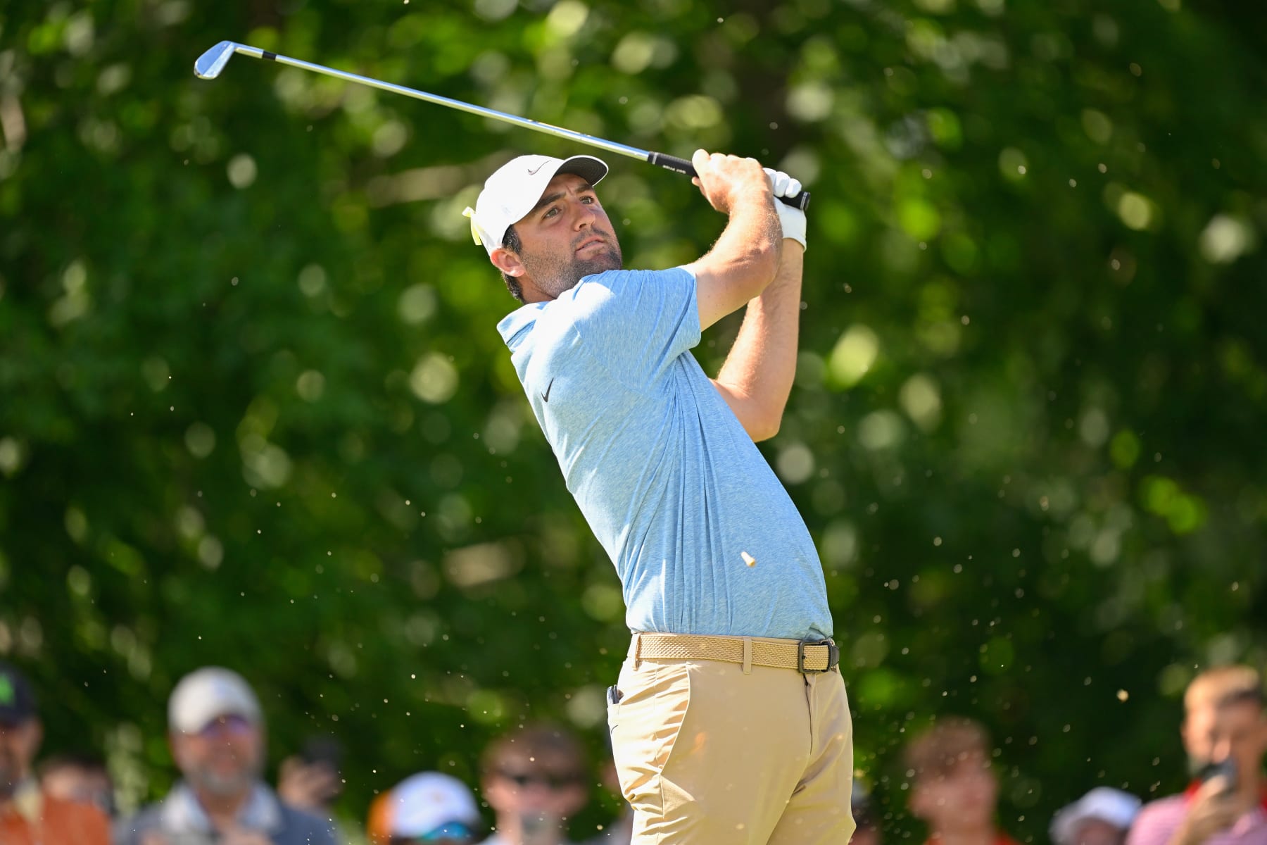 DUBLIN, OHIO - JUNE 09: Scottie Scheffler hits a shot on the 14th tee box during the final round of the Memorial Tournament presented by Workday at Muirfield Village Golf Club on June 9, 2024 in Dublin, Ohio. (Photo by Ben Jared/PGA TOUR via Getty Images)