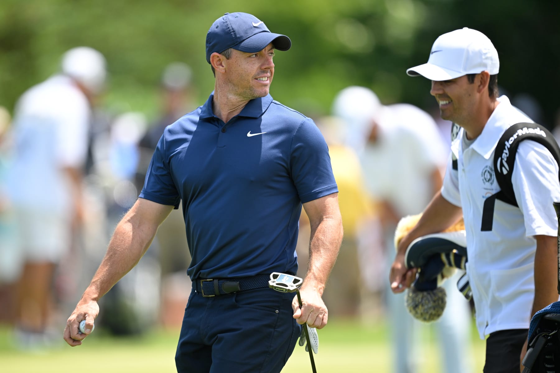 DUBLIN, OHIO - JUNE 08: Rory McIlroy of Northern Ireland smiles while walking onto the putting green during the third round of  the Memorial Tournament presented by Workday at Muirfield Village Golf Club on June 8, 2024 in Dublin, Ohio. (Photo by Ben Jared/PGA TOUR via Getty Images)