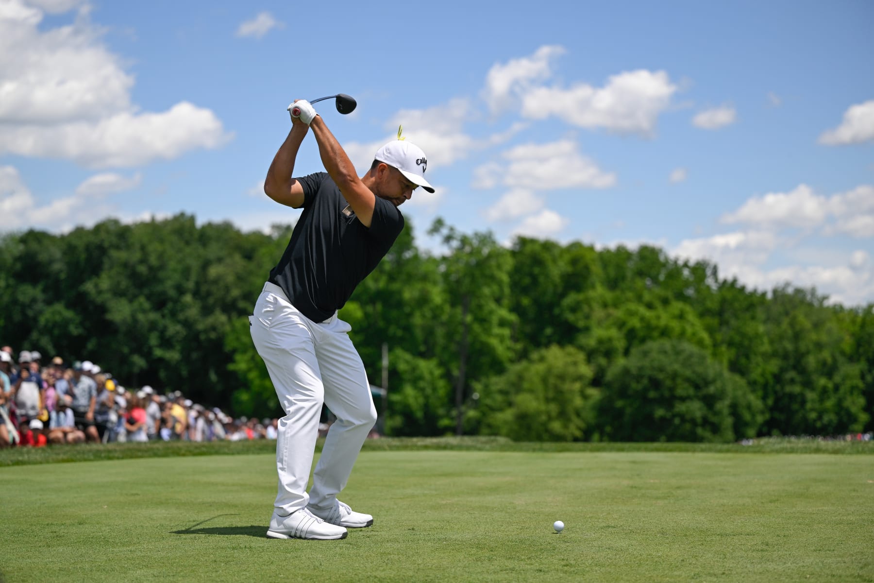DUBLIN, OHIO - JUNE 09: Xander Schauffele swings over his ball on the first tee box during the final round of the Memorial Tournament presented by Workday at Muirfield Village Golf Club on June 9, 2024 in Dublin, Ohio. (Photo by Ben Jared/PGA TOUR via Getty Images)