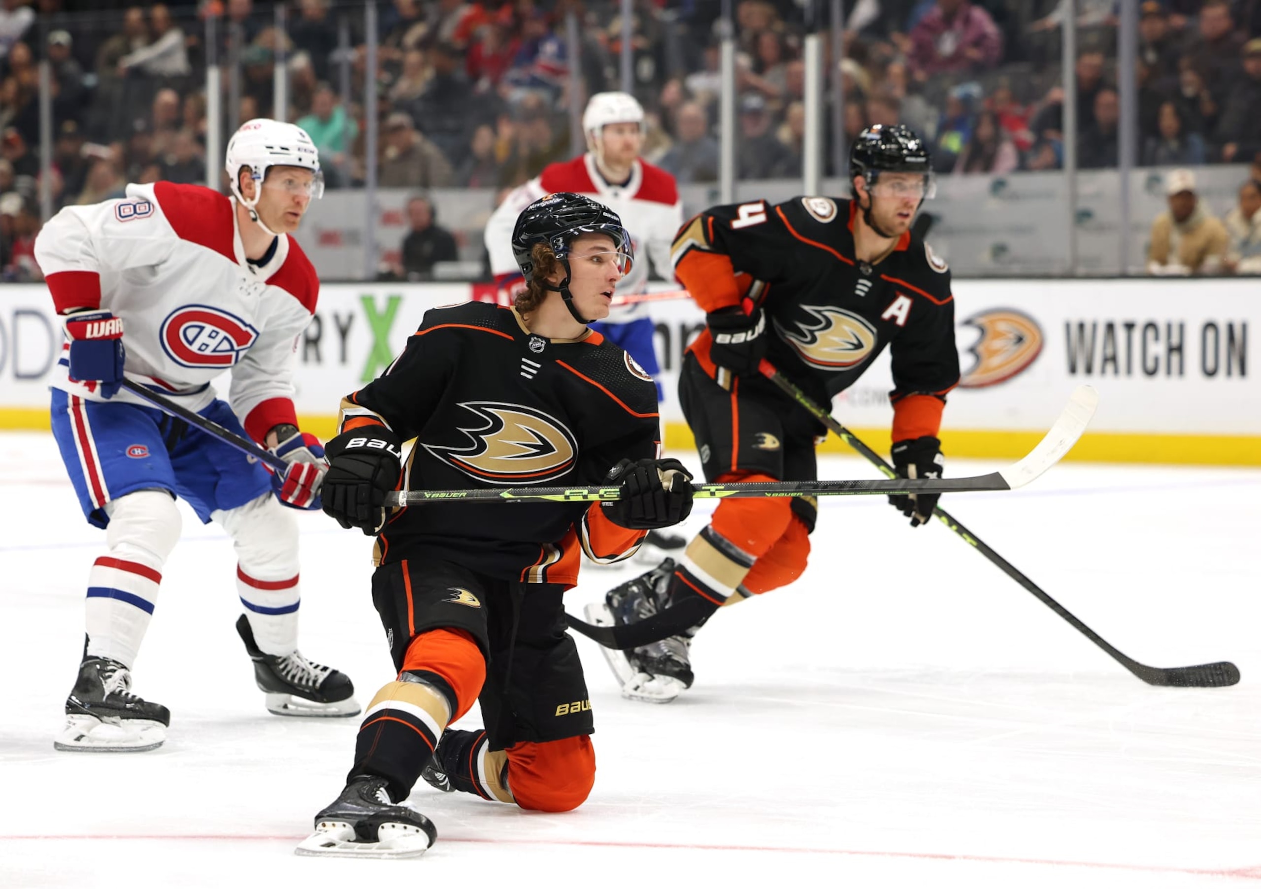 ANAHEIM, CALIFORNIA - MARCH 03: Trevor Zegras #11 of the Anaheim Ducks reacts after his missed slap shot in front of Mike Matheson #8 of the Montreal Canadiens and Cam Fowler #4 during the second period at Honda Center on March 03, 2023 in Anaheim, California. (Photo by Harry How/Getty Images) ANAHEIM, CALIFORNIA - MARCH 03: Trevor Zegras #11 of the Anaheim Ducks reacts after his missed slap shot in front of Mike Matheson #8 of the Montreal Canadiens and Cam Fowler #4 during the second period at Honda Center on March 03, 2023 in Anaheim, California. (Photo by Harry How/Getty Images)