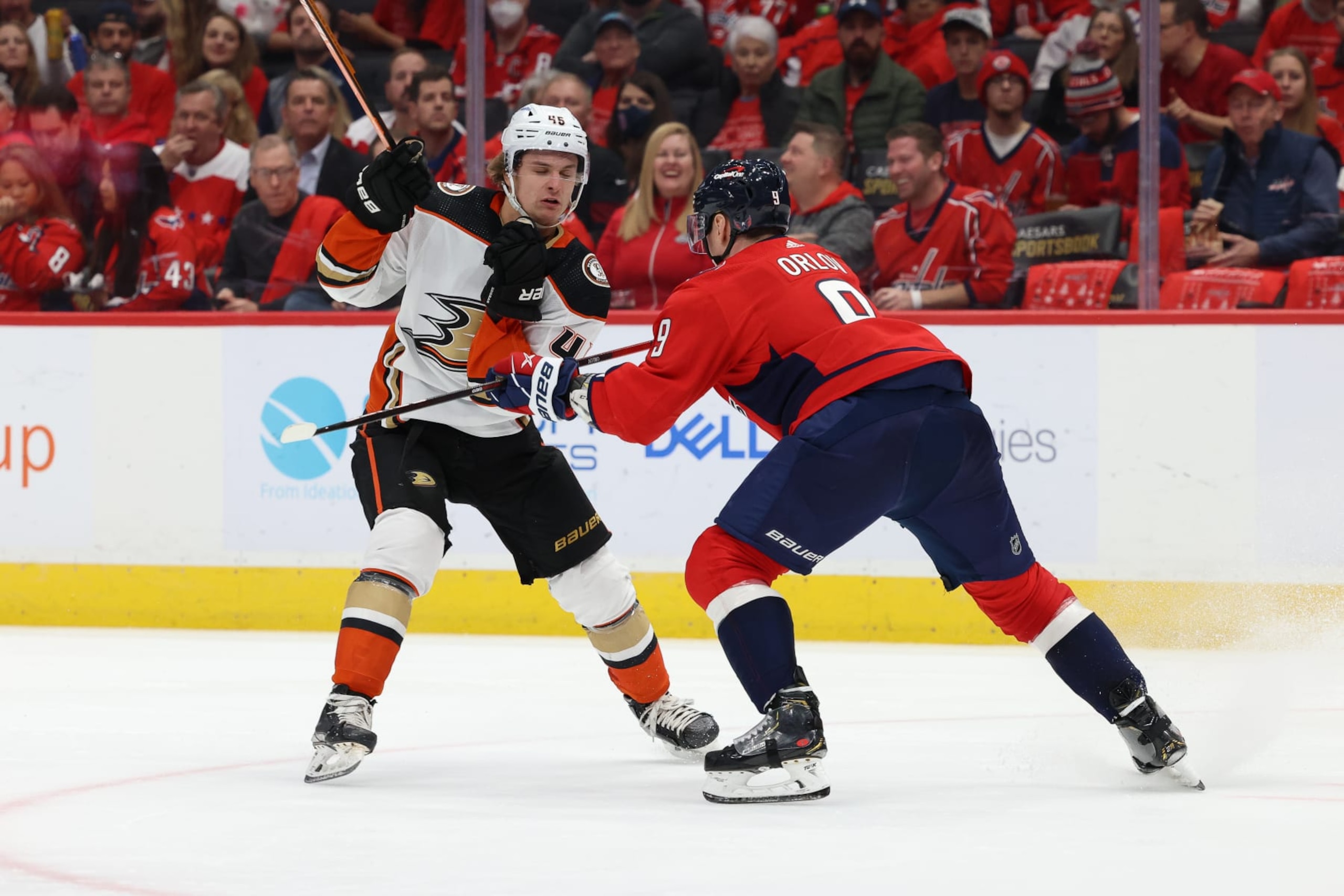 WASHINGTON, DC - DECEMBER 6: Dmitry Orlov #9 of the Washington Capitals makes a defensive play on Trevor Zegras #46 of the Anaheim Ducks during a game at Capital One Arena on December 6, 2021 in Washington, D.C. (Photo by John McCreary/NHLI via Getty Images) WASHINGTON, DC - DECEMBER 6: Dmitry Orlov #9 of the Washington Capitals makes a defensive play on Trevor Zegras #46 of the Anaheim Ducks during a game at Capital One Arena on December 6, 2021 in Washington, D.C. (Photo by John McCreary/NHLI via Getty Images)