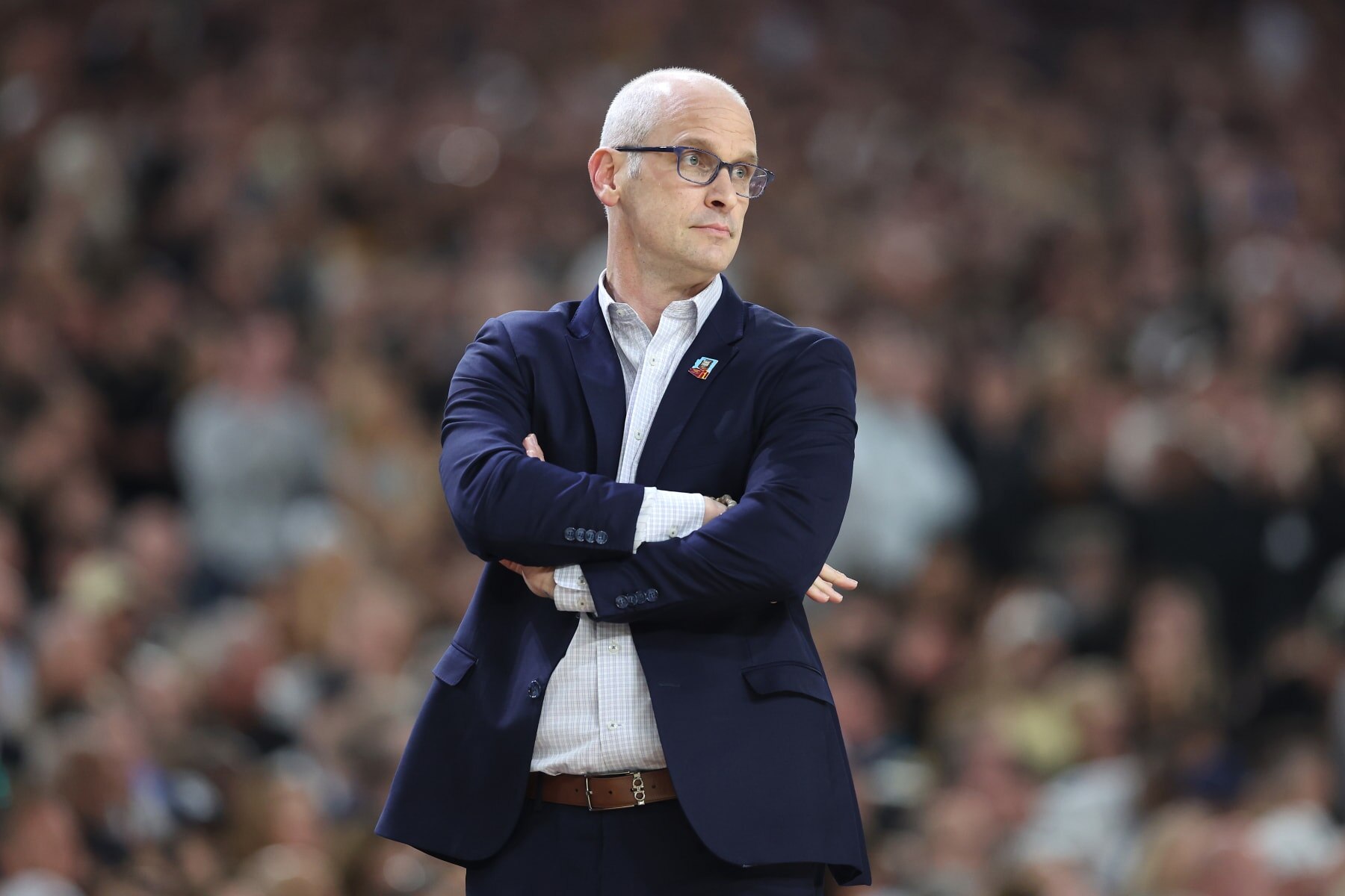 GLENDALE, ARIZONA - APRIL 08: Head coach Dan Hurley of the Connecticut Huskies looks on in the first half against the Purdue Boilermakers during the NCAA Men's Basketball Tournament National Championship game at State Farm Stadium on April 08, 2024 in Glendale, Arizona. (Photo by Christian Petersen/Getty Images)