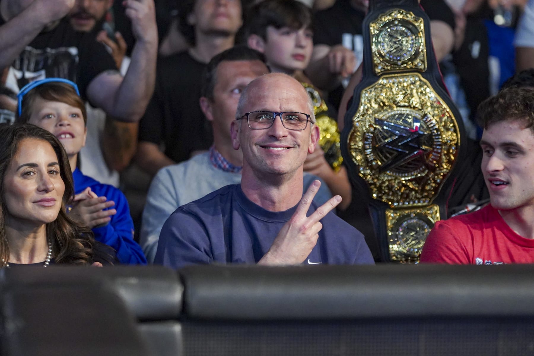 HARTFORD, CONNECTICUT - MAY 6: University of Connecticut Men's Basketball Head Coach, Dan Hurley in attendance during Monday Night RAW at XL Center on May 6, 2024 in Hartford, Connecticut.  (Photo by WWE/Getty Images)