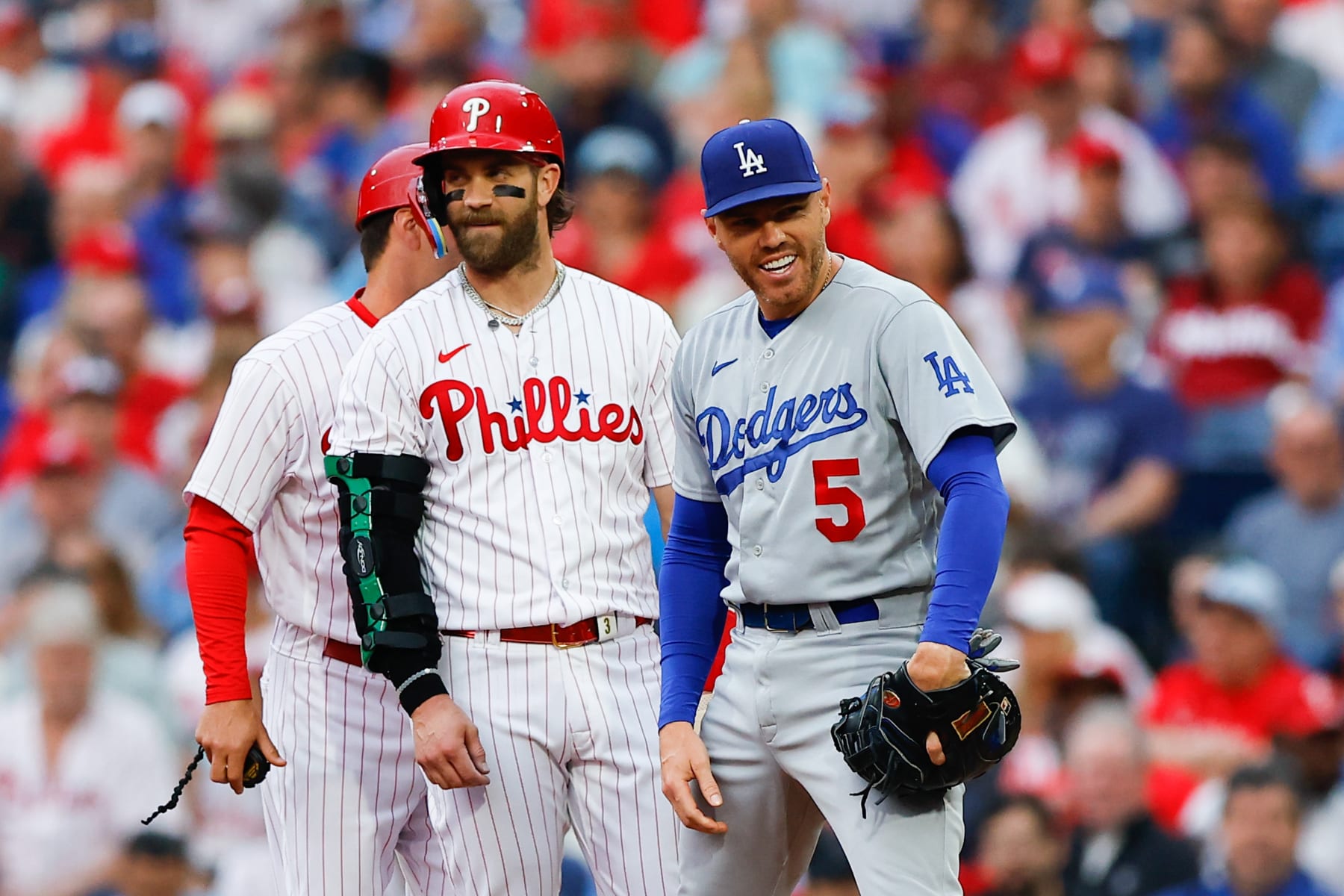 PHILADELPHIA, PA - JUNE 09:  Bryce Harper #3 of the Philadelphia Phillies and Freddie Freeman #5 of the Los Angeles Dodgers during the game at Citizens Bank Park on June 9, 2023 in Philadelphia, Pennsylvania.  (Photo by Rich Graessle/Icon Sportswire via Getty Images)