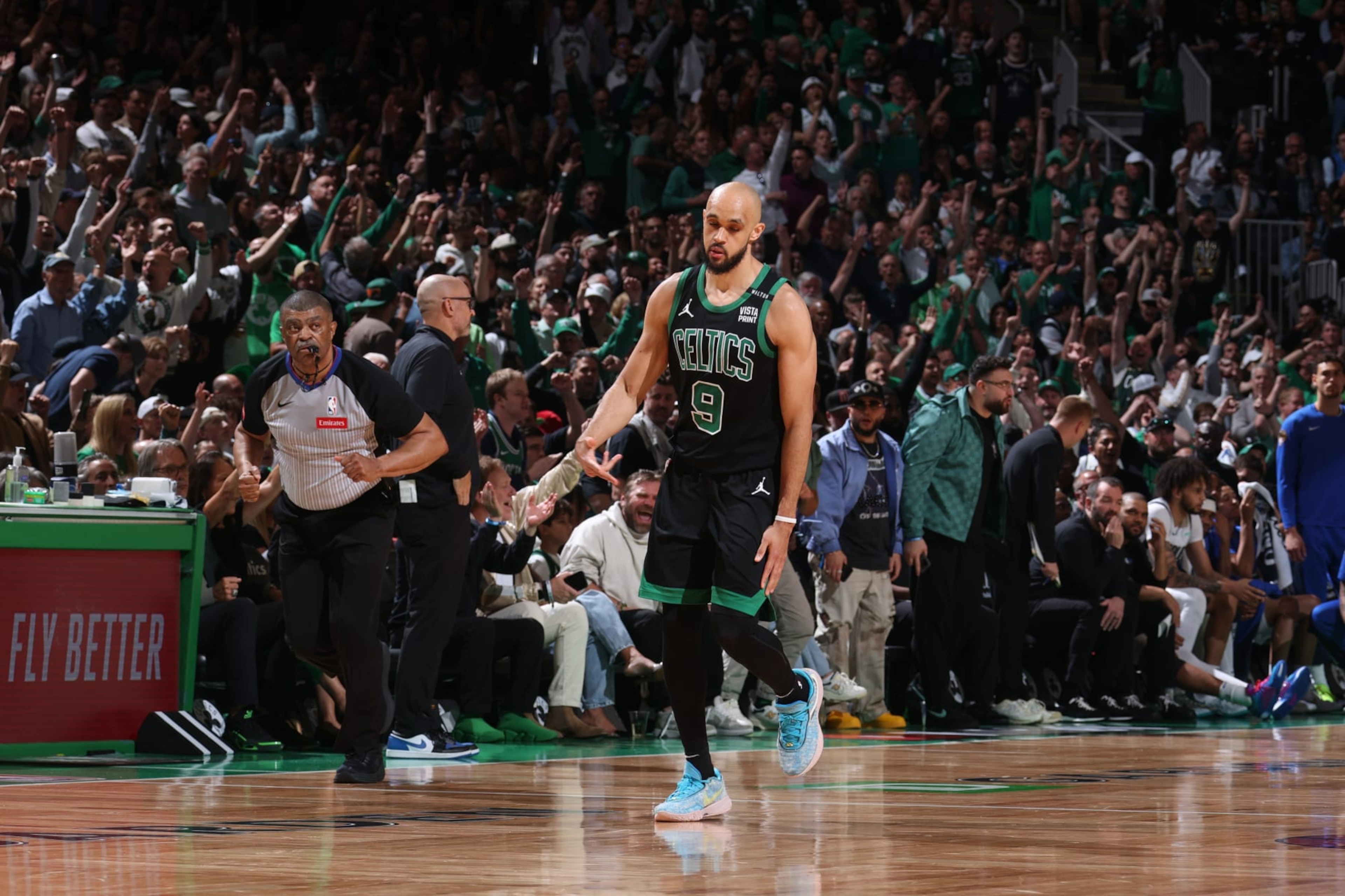 BOSTON, MA - JUNE 9: Derrick White #9 of the Boston Celtics celebrates during the game against the Dallas Mavericks during Game 1 of the 2024 NBA Finals on June 9, 2024 at the TD Garden in Boston, Massachusetts. NOTE TO USER: User expressly acknowledges and agrees that, by downloading and or using this photograph, User is consenting to the terms and conditions of the Getty Images License Agreement. Mandatory Copyright Notice: Copyright 2024 NBAE (Photo by Nathaniel S. Butler/NBAE via Getty Images) BOSTON, MA - JUNE 9: Derrick White #9 of the Boston Celtics celebrates during the game against the Dallas Mavericks during Game 1 of the 2024 NBA Finals on June 9, 2024 at the TD Garden in Boston, Massachusetts. NOTE TO USER: User expressly acknowledges and agrees that, by downloading and or using this photograph, User is consenting to the terms and conditions of the Getty Images License Agreement. Mandatory Copyright Notice: Copyright 2024 NBAE (Photo by Nathaniel S. Butler/NBAE via Getty Images)