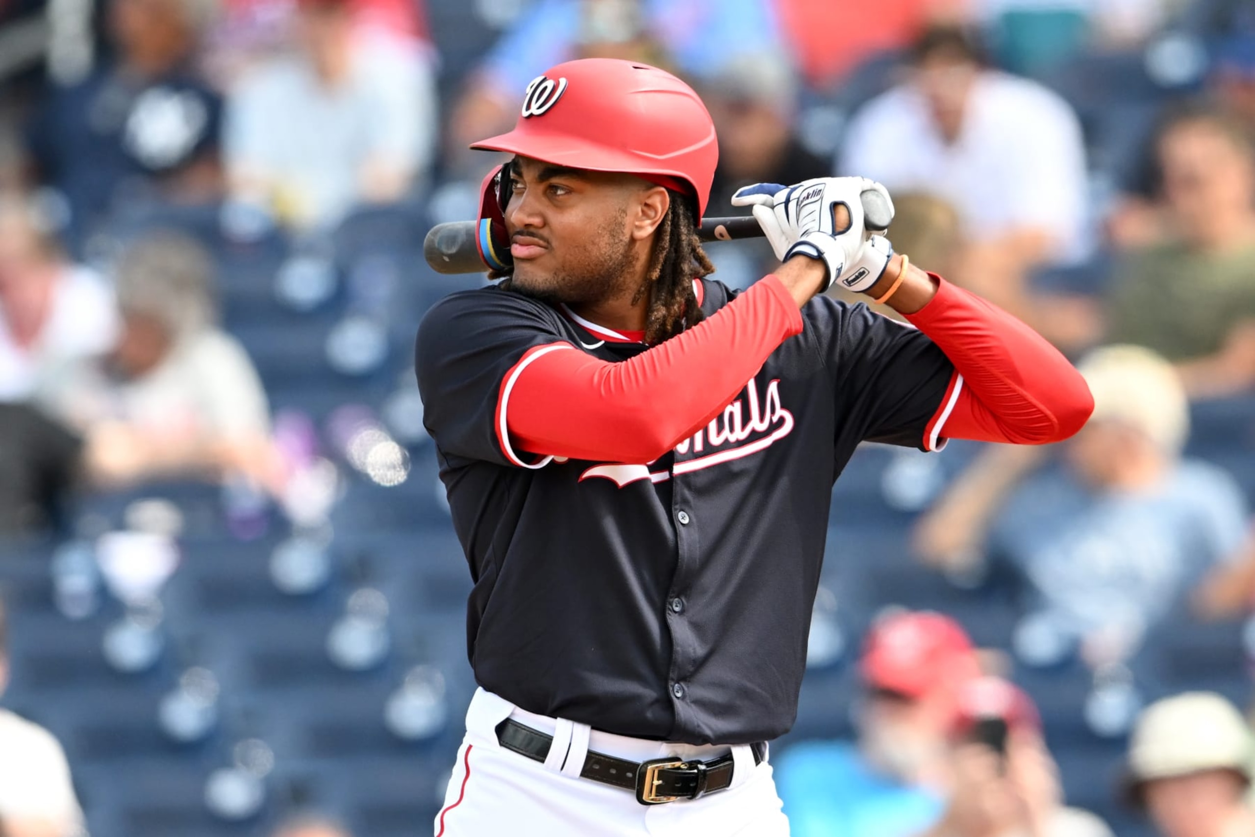 WEST PALM BEACH, FLORIDA - MARCH 21, 2024: James Wood #50 of the Washington Nationals bats during the ninth inning of a spring training game against the Minnesota Twins at CACTI Park of the Palm Beaches on March 21, 2024 in West Palm Beach, Florida. (Photo by Nick Cammett/Diamond Images via Getty Images)