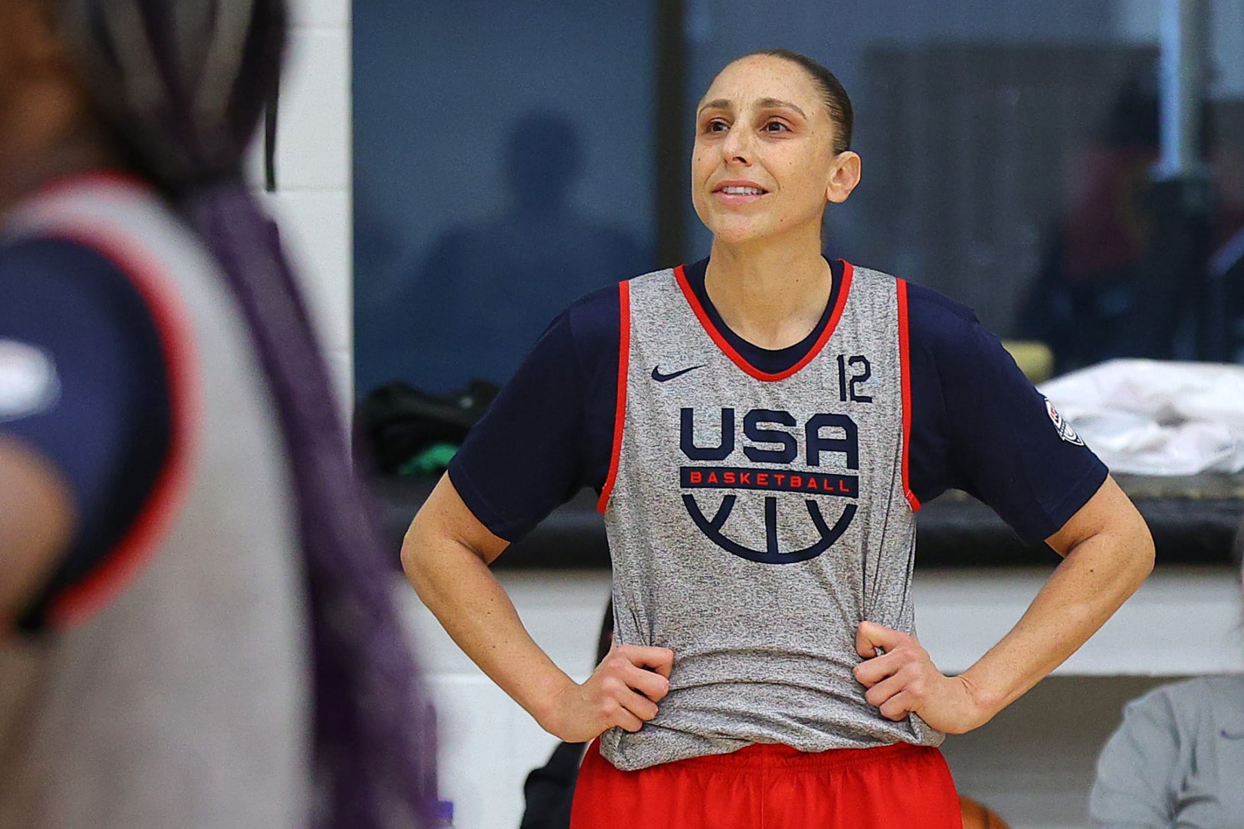 INDEPENDENCE, OHIO - APRIL 03: Diana Taurasi #12 looks on during the USA Basketball Women's National Team Training Camp at Cleveland Clinic Courts on April 03, 2024 in Independence, Ohio. (Photo by Mike Lawrie/Getty Images)