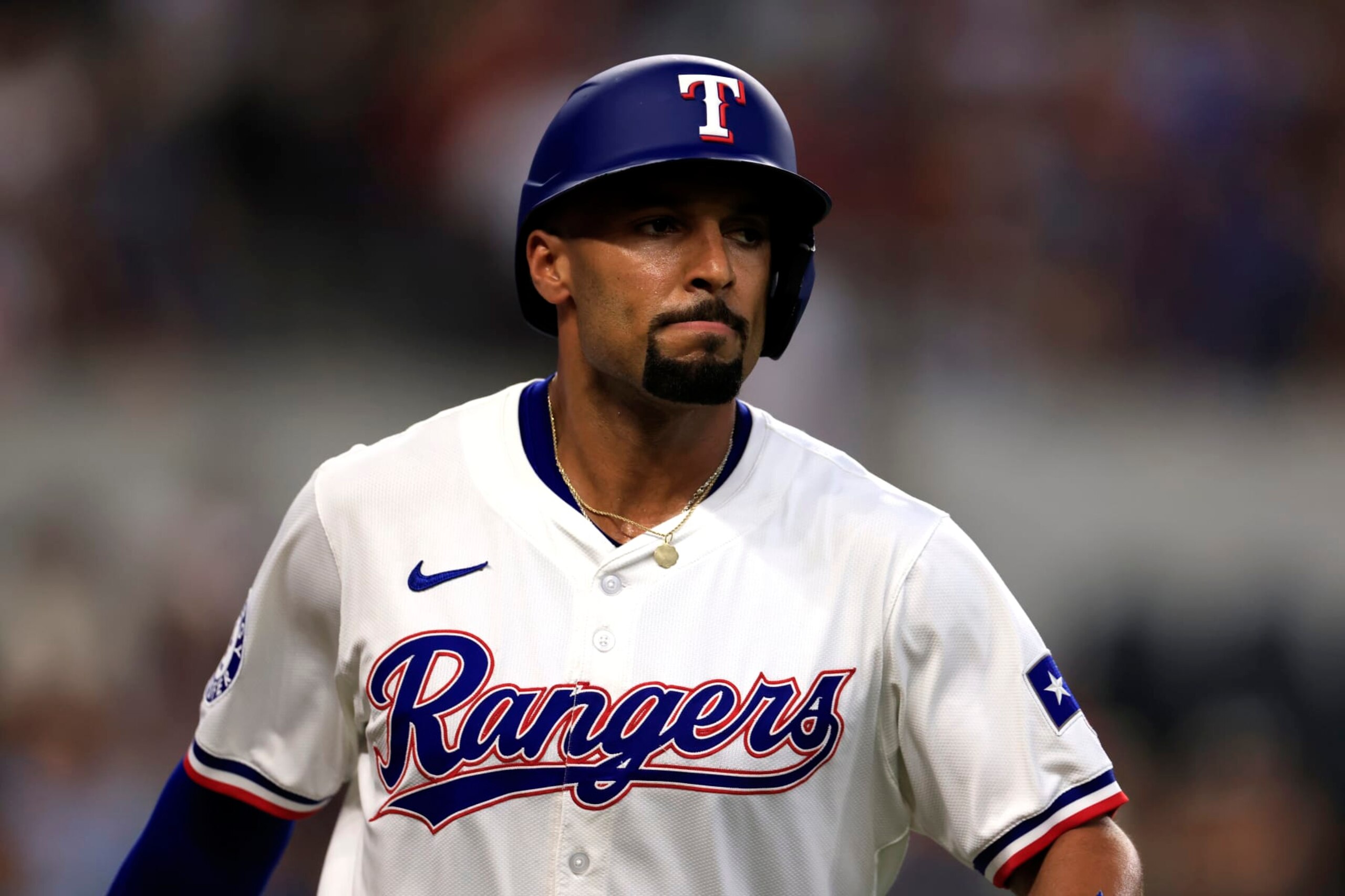 ARLINGTON, TX - JUNE 8: Marcus Semien #2 of the Texas Rangers looks on against the San Francisco Giants at Globe Life Field on June 8, 2024 in Arlington, Texas. (Photo by Ron Jenkins/Getty Images)