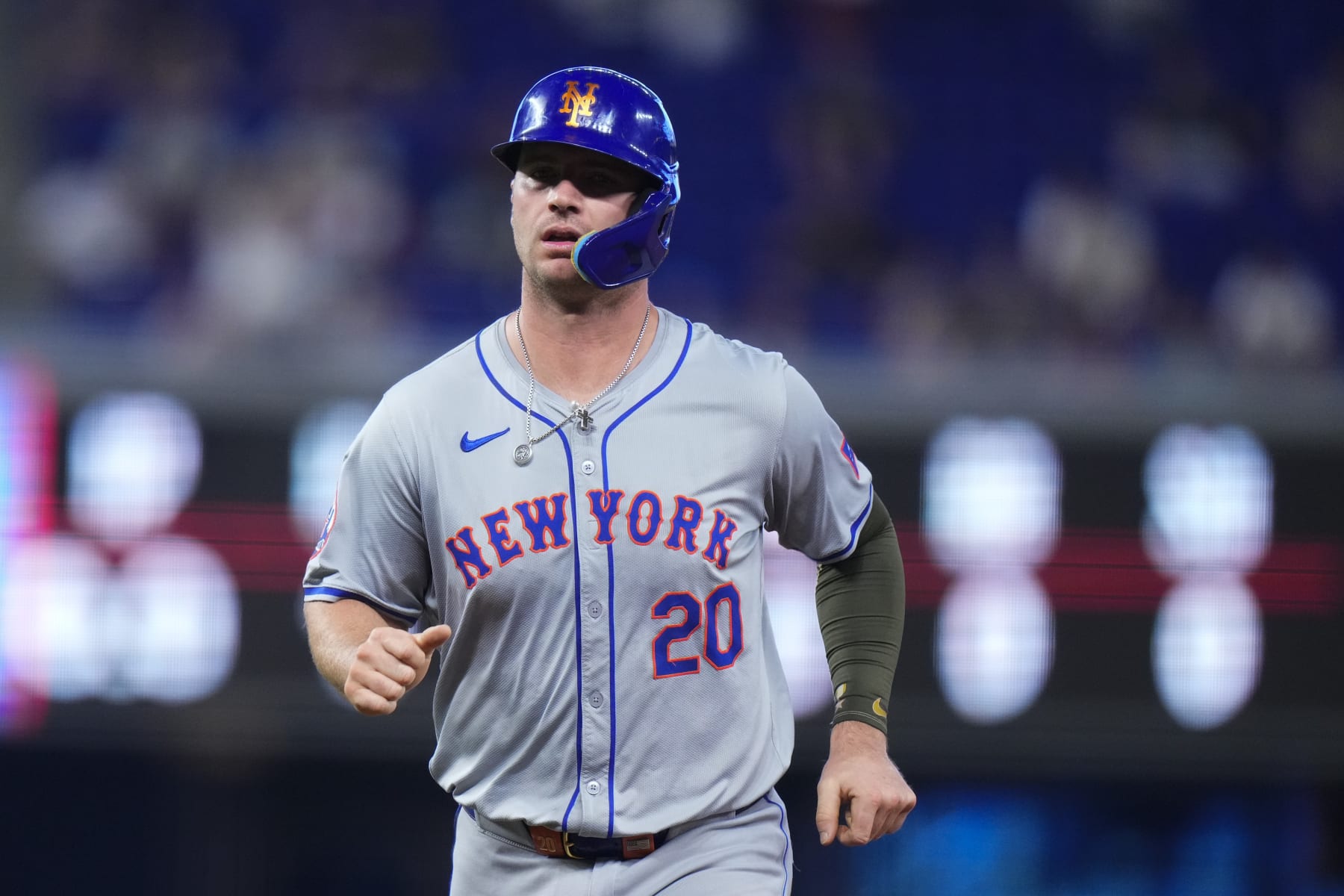MIAMI, FLORIDA - MAY 18: Pete Alonso #20 of the New York Mets looks on during a game against the Miami Marlins at loanDepot park on May 18, 2024 in Miami, Florida. (Photo by Rich Storry/Getty Images)