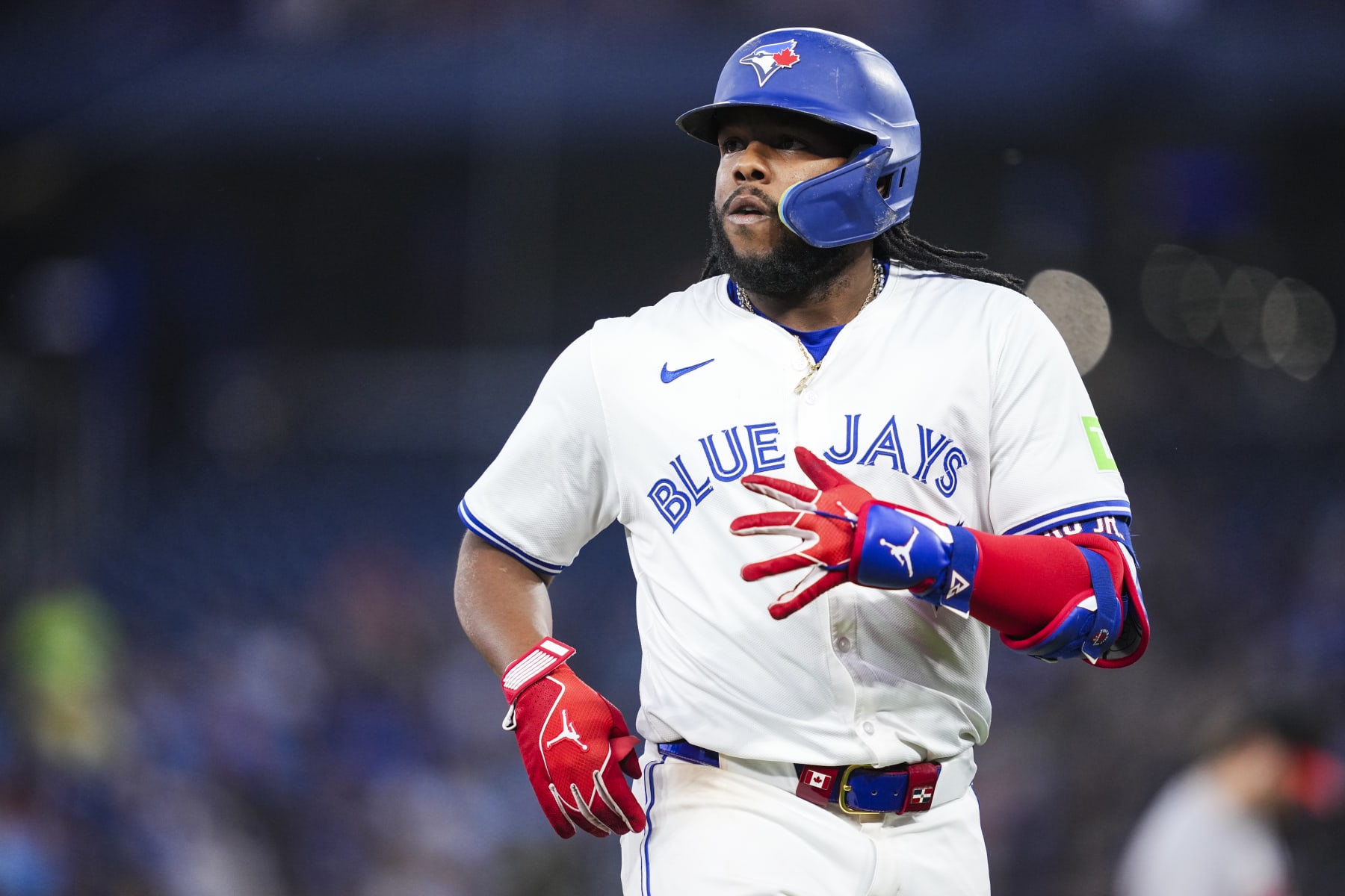TORONTO, ON - JUNE 4: Vladimir Guerrero Jr. #27 of Toronto Blue Jays looks on against the Baltimore Orioles in their MLB game at the Rogers Centre on June 4, 2024 in Toronto, Ontario, Canada. (Photo by Mark Blinch/Getty Images)