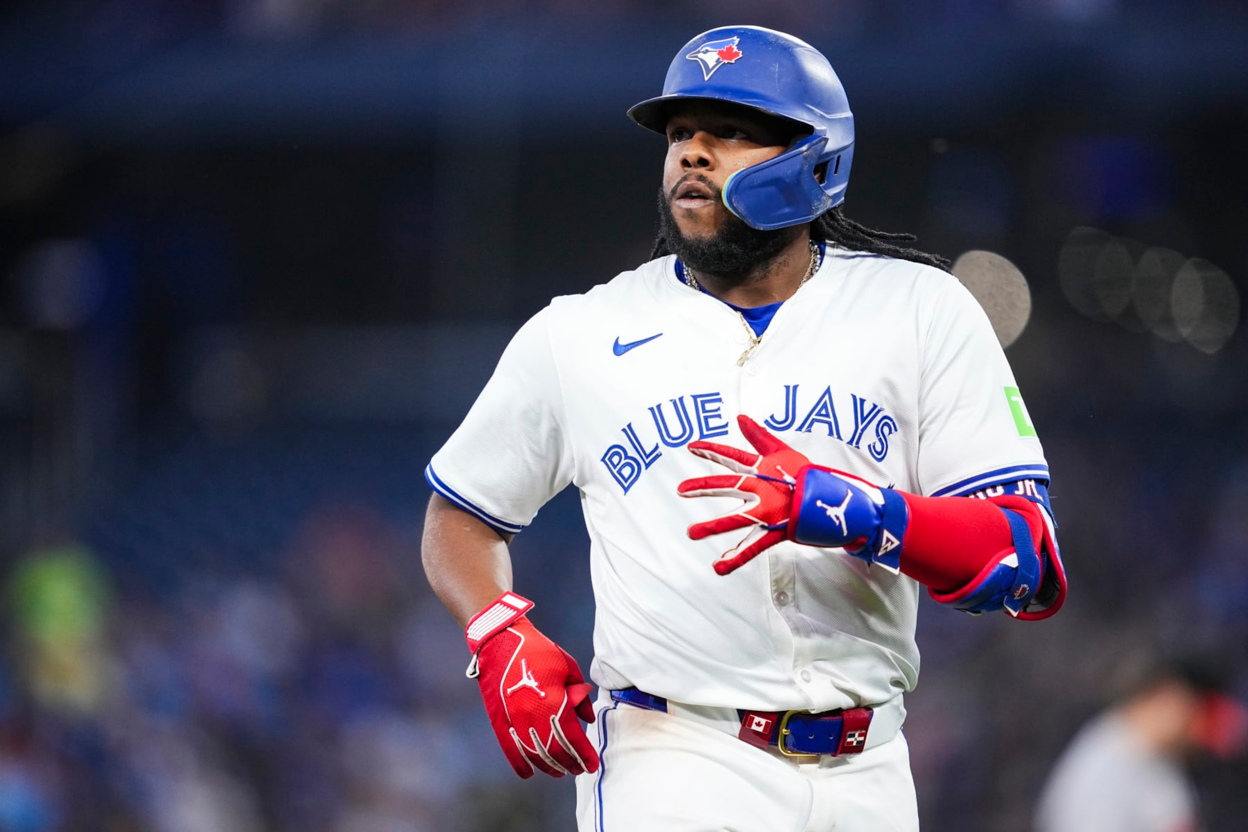 TORONTO, ON - JUNE 4: Vladimir Guerrero Jr. #27 of Toronto Blue Jays looks on against the Baltimore Orioles in their MLB game at the Rogers Centre on June 4, 2024 in Toronto, Ontario, Canada. (Photo by Mark Blinch/Getty Images)