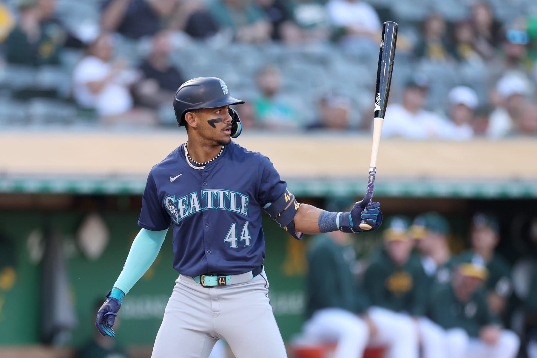 OAKLAND, CALIFORNIA - JUNE 05: Julio Rodríguez #44 of the Seattle Mariners bats against the Oakland Athletics in the first inning at Oakland Coliseum on June 5, 2024 in Oakland, California.  (Photo by Ezra Shaw/Getty Images)