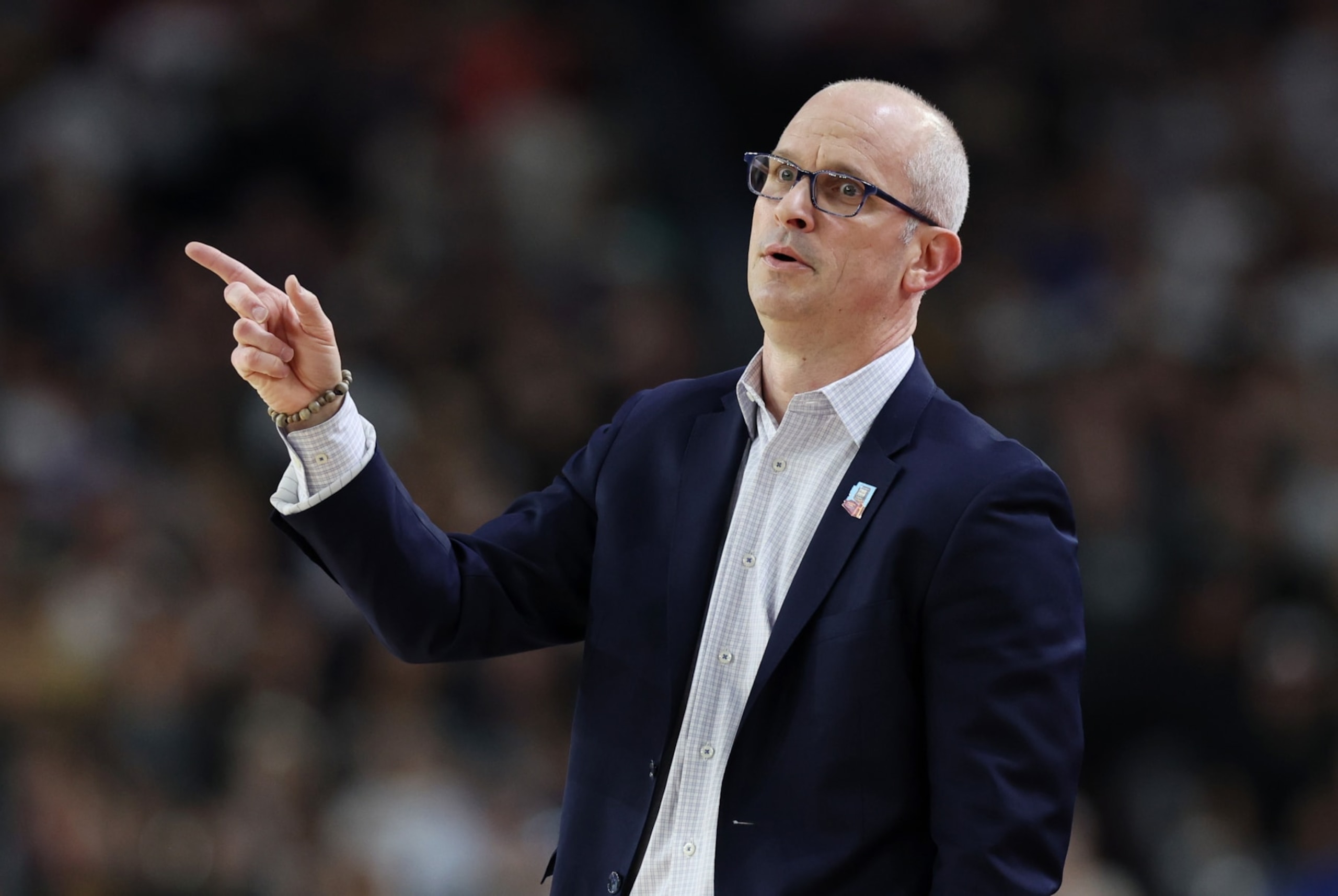 GLENDALE, ARIZONA - APRIL 08: Head coach Dan Hurley of the Connecticut Huskies reacts in the first half against the Purdue Boilermakers during the NCAA Men's Basketball Tournament National Championship game at State Farm Stadium on April 08, 2024 in Glendale, Arizona. (Photo by Jamie Squire/Getty Images)