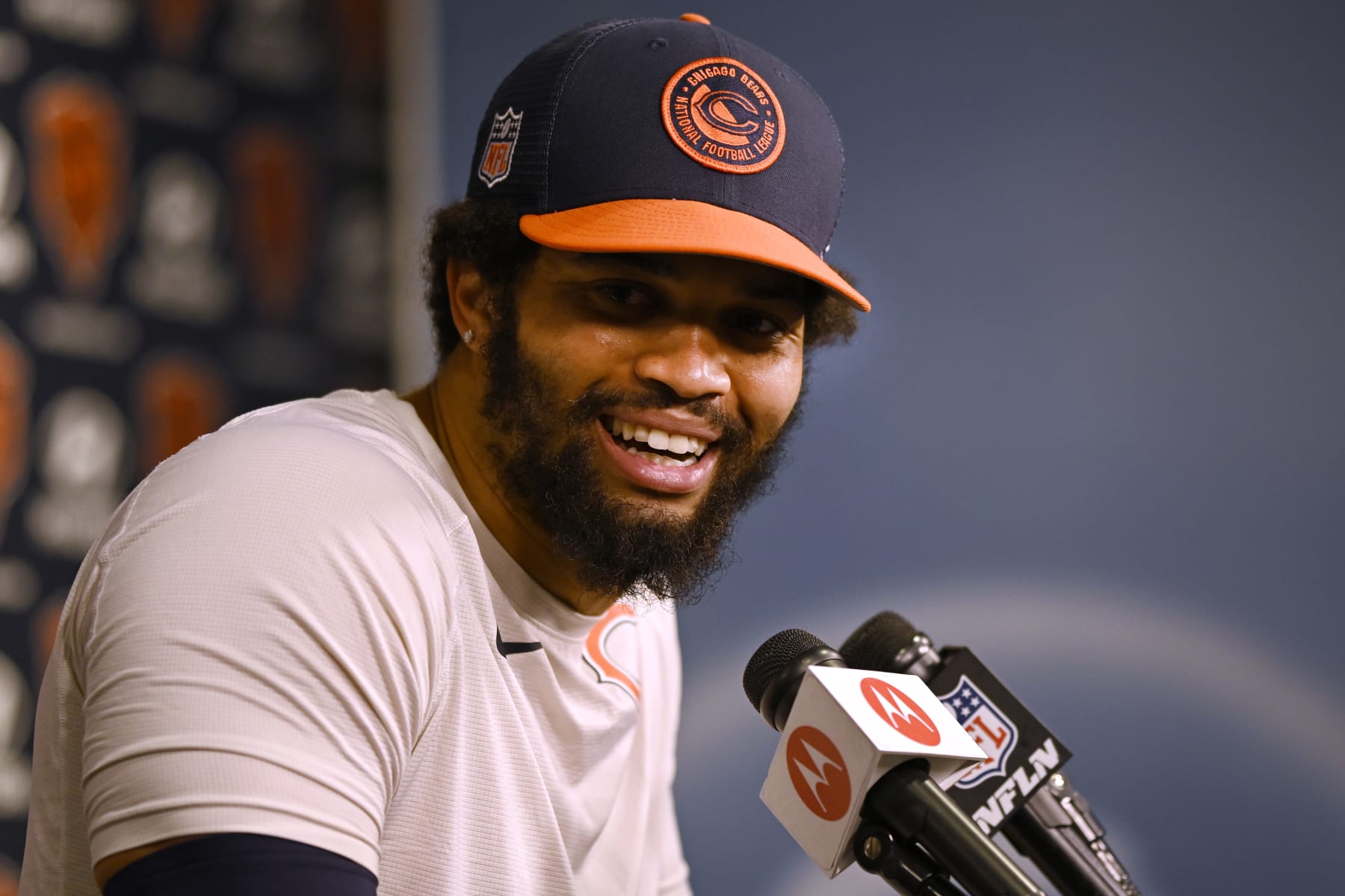 LAKE FOREST, ILLINOIS - JUNE 06: Caleb Williams #18 of the Chicago Bears speaks during a new conference after the Chicago Bears mandatory minicamp at Halas Hall on June 06, 2024 in Lake Forest, Illinois. (Photo by Quinn Harris/Getty Images)