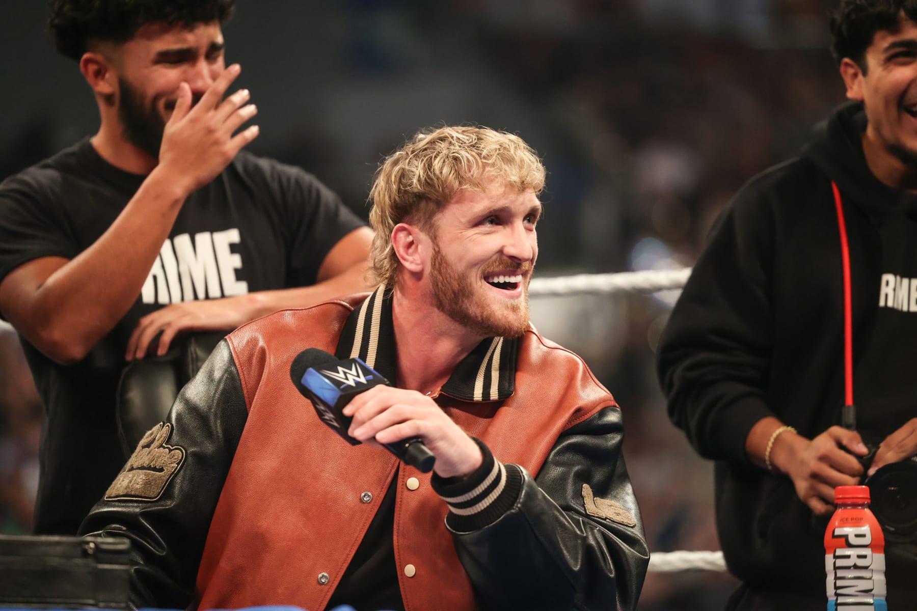 JACKSONVILLE, FLORIDA - MAY 17: Logan Paul looks on during SmackDown at VyStar Veterans Memorial Arena on May 17, 2024 in Jacksonville, Florida.  (Photo by WWE/Getty Images)