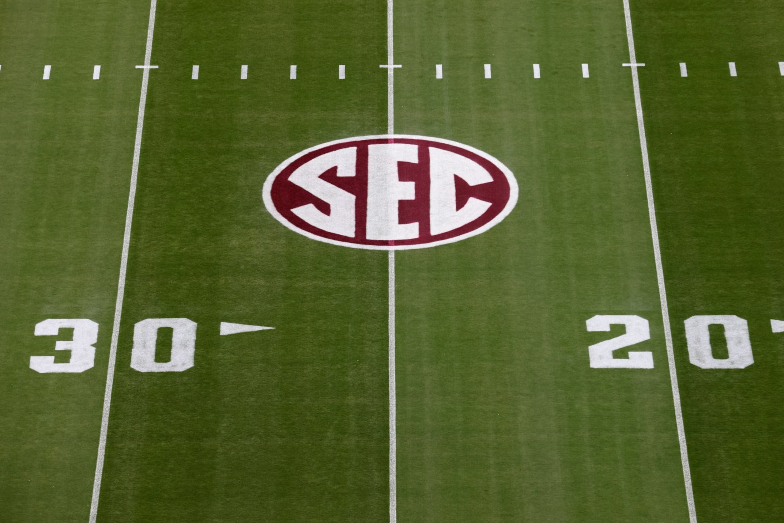 COLLEGE STATION, TEXAS - OCTOBER 29: A SEC logo is seen on the turf before the game between the Texas A&M Aggies and the Mississippi Rebels at Kyle Field on October 29, 2022 in College Station, Texas. (Photo by Tim Warner/Getty Images)