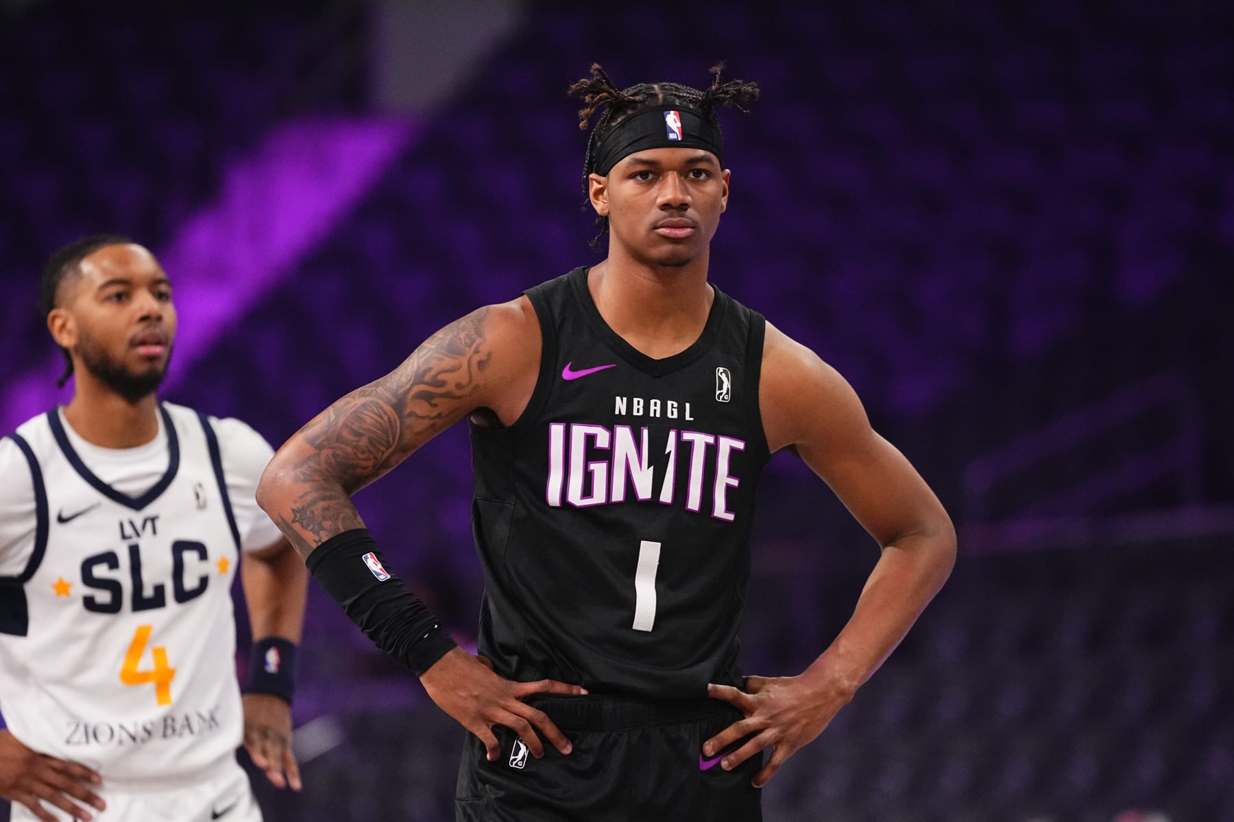 LAS VEGAS, NV - MARCH 22: Dink Pate #1 of G League Ignite looks on during the game against the Salt Lake City Stars on March 22, 2024 at The Dollar Loan Center in Henderson, Nevada. NOTE TO USER: User expressly acknowledges and agrees that, by downloading and or using this photograph, User is consenting to the terms and conditions of the Getty Images License Agreement. Mandatory Copyright Notice: Copyright 2024 NBAE (Photo by Jeff Bottari/NBAE via Getty Images)