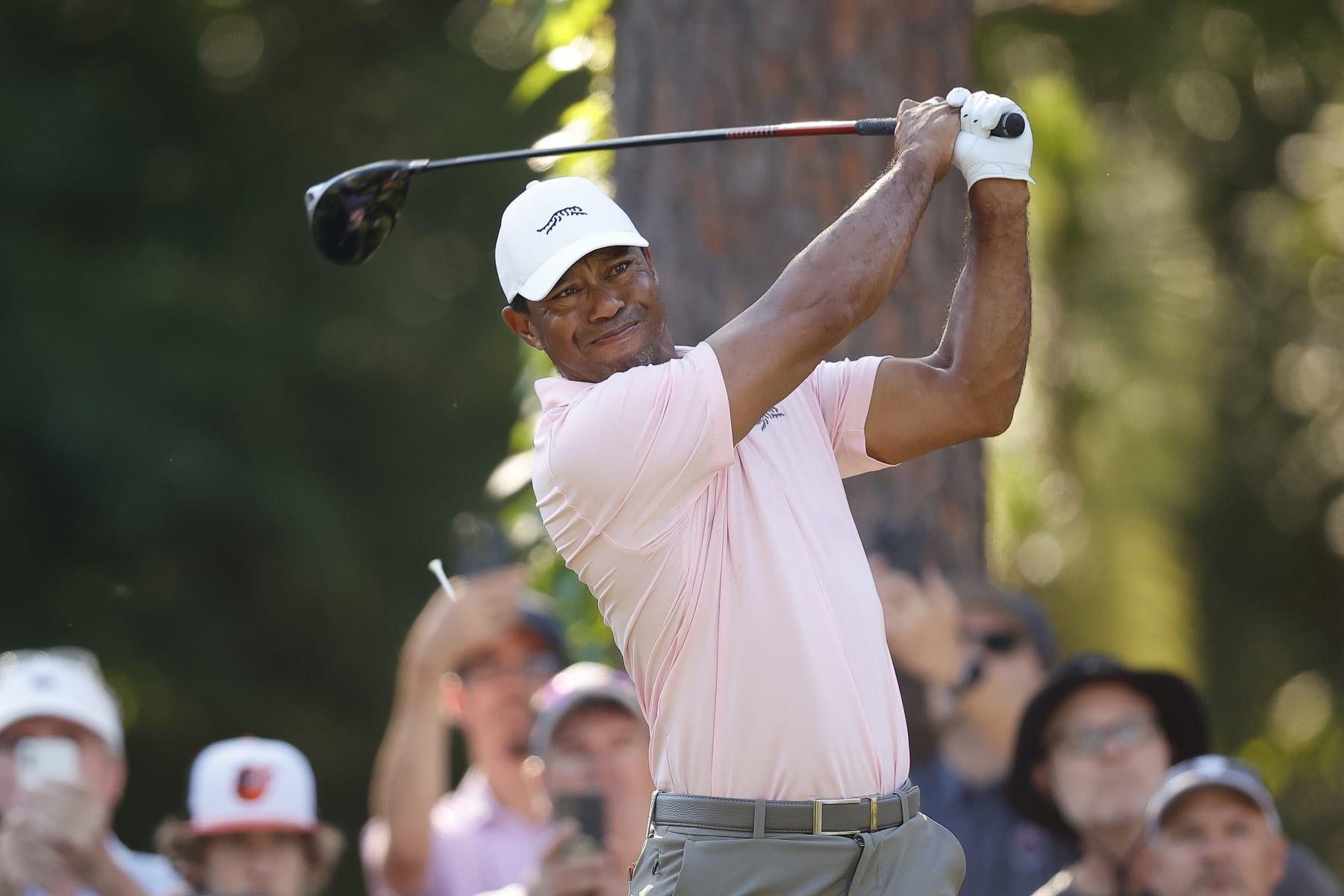 PINEHURST, NORTH CAROLINA - JUNE 11: Tiger Woods of the United States plays his shot from the fifth tee during a practice round prior to the U.S. Open at Pinehurst Resort on June 11, 2024 in Pinehurst, North Carolina. (Photo by Alex Slitz/Getty Images)