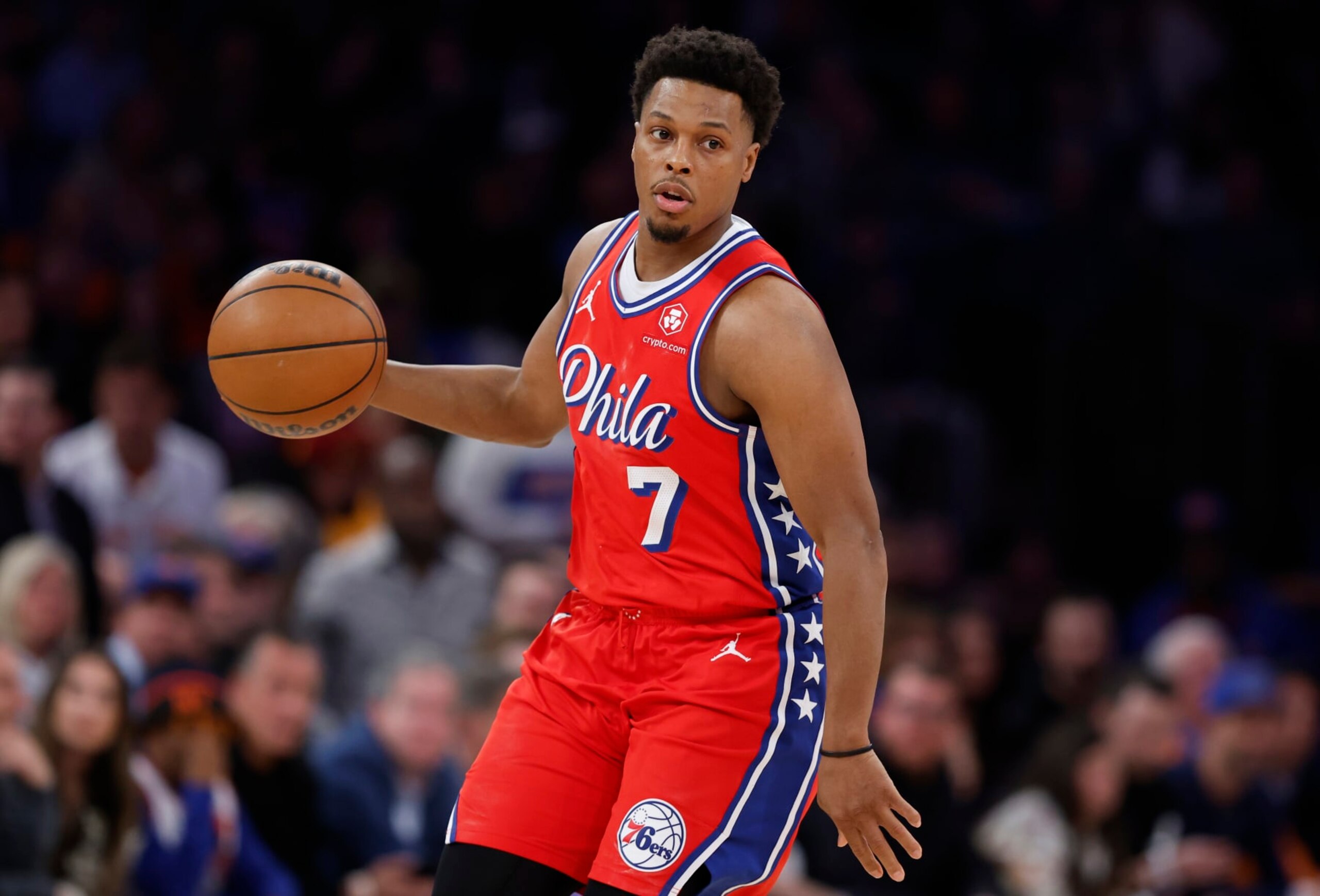 NEW YORK, NEW YORK - APRIL 22: Kyle Lowry #7 of the Philadelphia 76ers dribbles during the game against the New York Knicks in Game Two of the Eastern Conference First Round Playoffs at Madison Square Garden on April 22, 2024 in New York City. The Knicks won 104-101. NOTE TO USER: User expressly acknowledges and agrees that, by downloading and or using this photograph, User is consenting to the terms and conditions of the Getty Images License Agreement. (Photo by Sarah Stier/Getty Images)