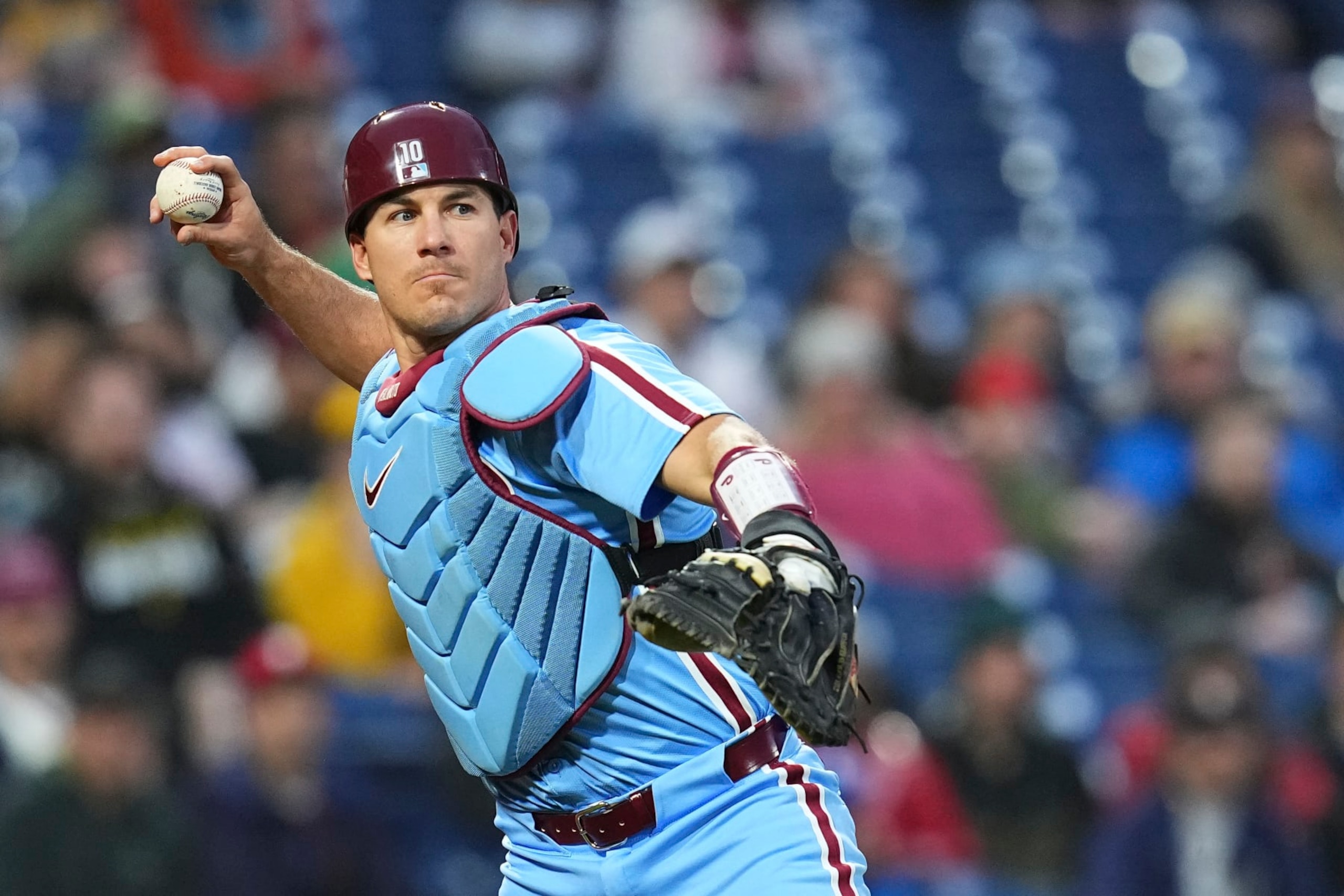 PHILADELPHIA, PENNSYLVANIA - APRIL 11: J.T. Realmuto #10 of the Philadelphia Phillies throws the ball to first against the Pittsburgh Pirates at Citizens Bank Park on April 11, 2024 in Philadelphia, Pennsylvania. The Phillies defeated the Pirates 5-1. (Photo by Mitchell Leff/Getty Images) PHILADELPHIA, PENNSYLVANIA - APRIL 11: J.T. Realmuto #10 of the Philadelphia Phillies throws the ball to first against the Pittsburgh Pirates at Citizens Bank Park on April 11, 2024 in Philadelphia, Pennsylvania. The Phillies defeated the Pirates 5-1. (Photo by Mitchell Leff/Getty Images)
