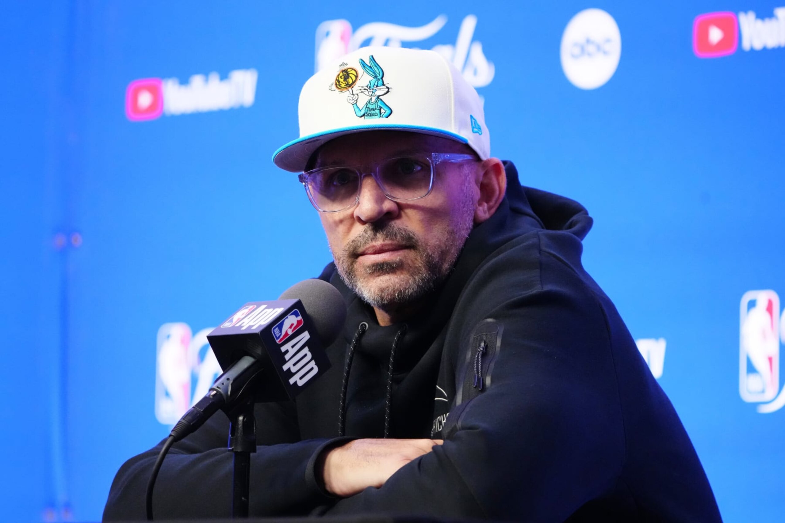 BOSTON, MA - JUNE 9: Head Coach Jason Kidd of the Dallas Mavericks talks to the media before the game against the Boston Celtics during Game 2 of the 2024 NBA Finals on June 9, 2024 at the TD Garden in Boston, Massachusetts. NOTE TO USER: User expressly acknowledges and agrees that, by downloading and or using this photograph, User is consenting to the terms and conditions of the Getty Images License Agreement. Mandatory Copyright Notice: Copyright 2024 NBAE (Photo by Garrett Ellwood/NBAE via Getty Images) BOSTON, MA - JUNE 9: Head Coach Jason Kidd of the Dallas Mavericks talks to the media before the game against the Boston Celtics during Game 2 of the 2024 NBA Finals on June 9, 2024 at the TD Garden in Boston, Massachusetts. NOTE TO USER: User expressly acknowledges and agrees that, by downloading and or using this photograph, User is consenting to the terms and conditions of the Getty Images License Agreement. Mandatory Copyright Notice: Copyright 2024 NBAE (Photo by Garrett Ellwood/NBAE via Getty Images)