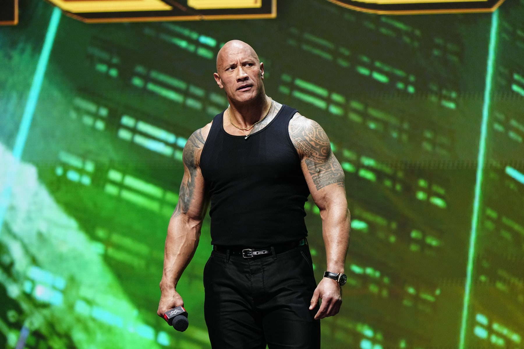 LAS VEGAS, NV - FEBRUARY 08:  Dwayne "The Rock" Johnson, Ten-Time WWE World Champion during the WWE Wrestlemania XL Kickoff on February 08, 2024, at T-Mobile Arena in Las Vegas, NV. (Photo by Louis Grasse/PXimages/Icon Sportswire via Getty Images)