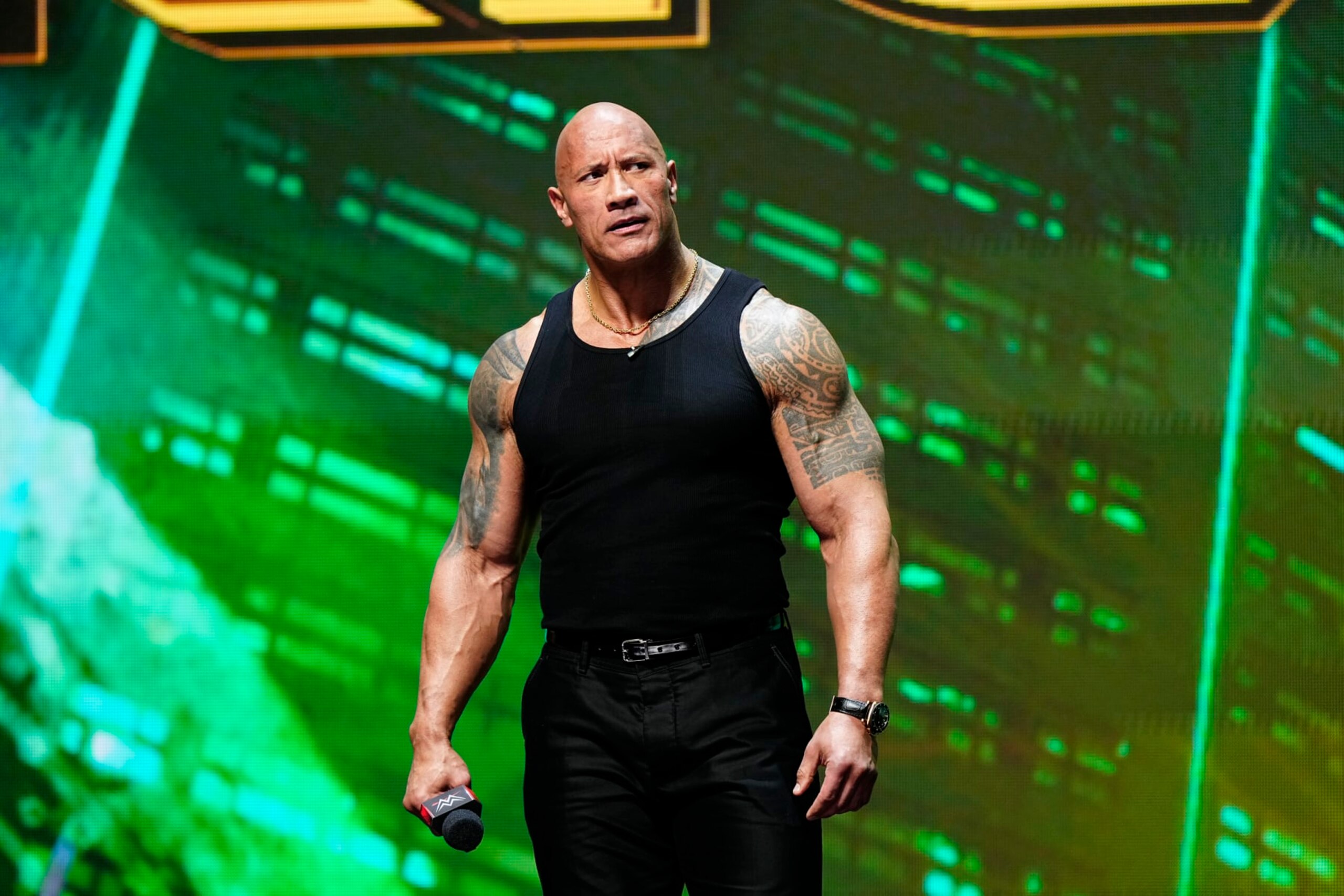 LAS VEGAS, NV - FEBRUARY 08:  Dwayne "The Rock" Johnson, Ten-Time WWE World Champion during the WWE Wrestlemania XL Kickoff on February 08, 2024, at T-Mobile Arena in Las Vegas, NV. (Photo by Louis Grasse/PXimages/Icon Sportswire via Getty Images)