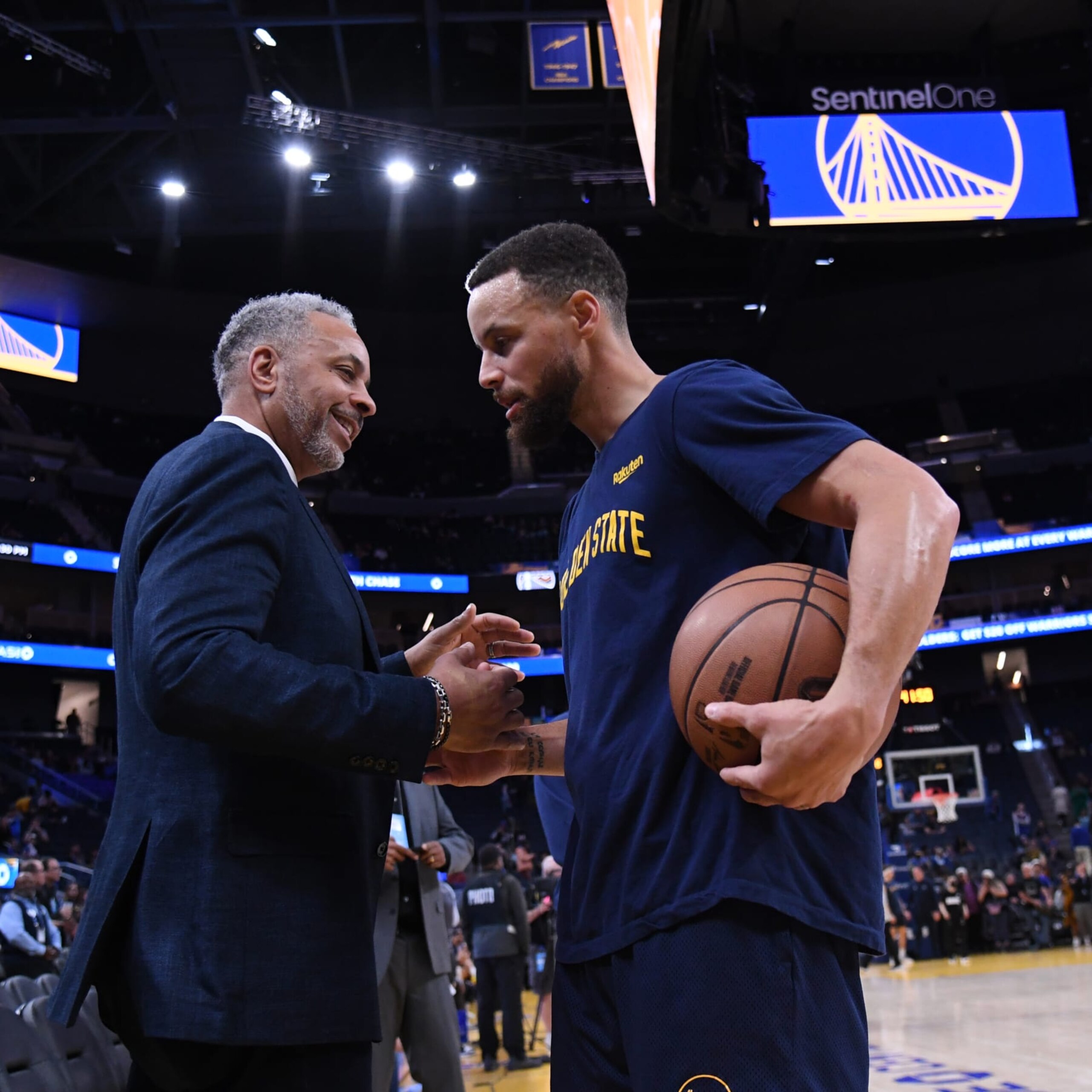 SAN FRANCISCO, CA - FEBRUARY 23: Stephen Curry #30 of the Golden State Warriors talks to Dell Curry before the game against the Charlotte Hornets on February 23, 2024 at Chase Center in San Francisco, California. NOTE TO USER: User expressly acknowledges and agrees that, by downloading and or using this photograph, user is consenting to the terms and conditions of Getty Images License Agreement. Mandatory Copyright Notice: Copyright 2024 NBAE (Photo by Noah Graham/NBAE via Getty Images) SAN FRANCISCO, CA - FEBRUARY 23: Stephen Curry #30 of the Golden State Warriors talks to Dell Curry before the game against the Charlotte Hornets on February 23, 2024 at Chase Center in San Francisco, California. NOTE TO USER: User expressly acknowledges and agrees that, by downloading and or using this photograph, user is consenting to the terms and conditions of Getty Images License Agreement. Mandatory Copyright Notice: Copyright 2024 NBAE (Photo by Noah Graham/NBAE via Getty Images)