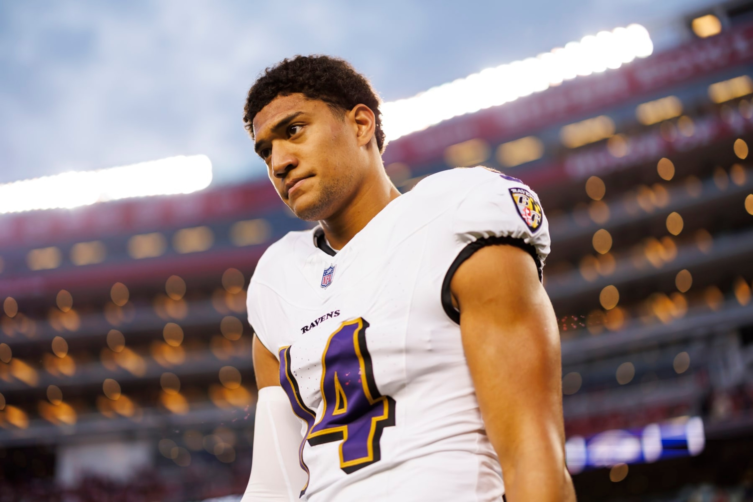 SANTA CLARA, CALIFORNIA - DECEMBER 25: Kyle Hamilton #14 of the Baltimore Ravens looks on during pregame warmups before an NFL football game against the San Francisco 49ers at Levi's Stadium on December 25, 2023 in Santa Clara, California. (Photo by Ryan Kang/Getty Images)