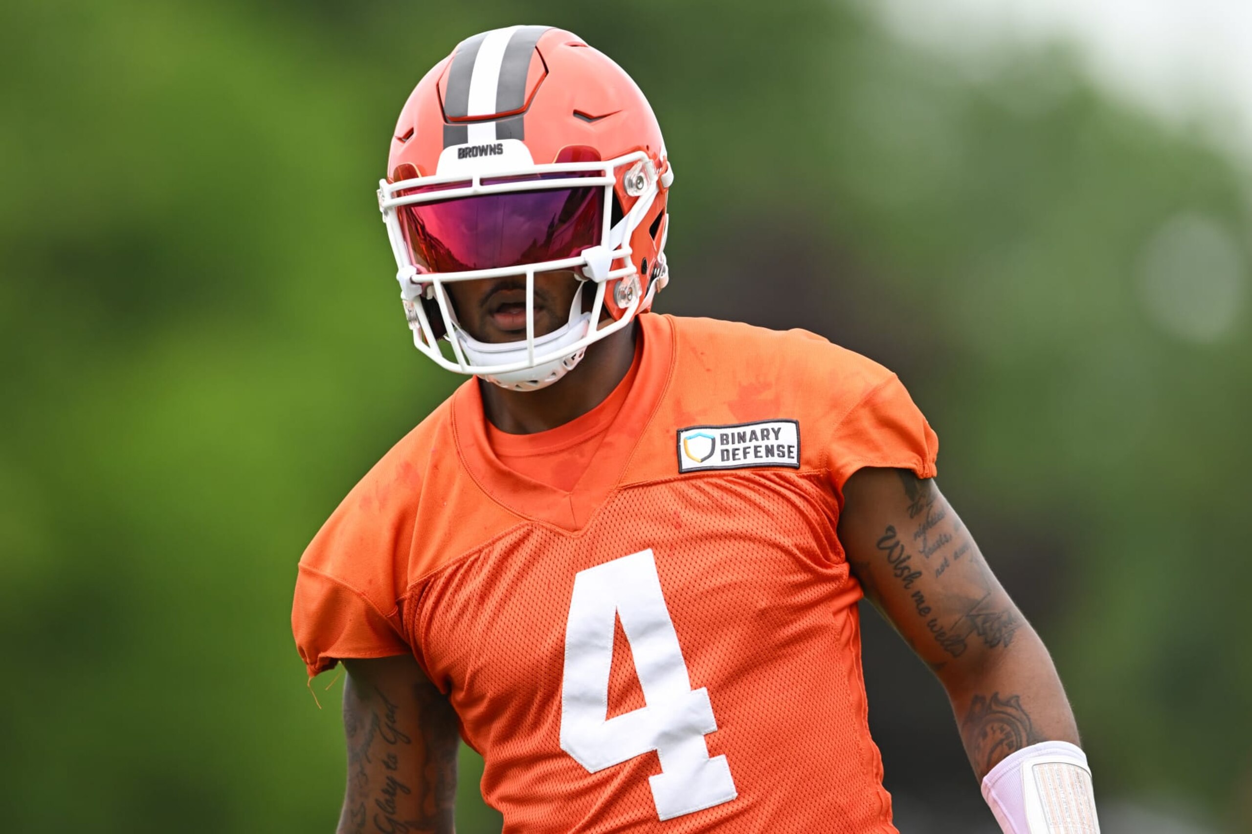 BEREA, OHIO - JUNE 05: Deshaun Watson #4 of the Cleveland Browns looks on during an OTA offseason workout at their CrossCountry Mortgage Campus on June 5, 2024 in Berea, Ohio. (Photo by Nick Cammett/Getty Images) BEREA, OHIO - JUNE 05: Deshaun Watson #4 of the Cleveland Browns looks on during an OTA offseason workout at their CrossCountry Mortgage Campus on June 5, 2024 in Berea, Ohio. (Photo by Nick Cammett/Getty Images)