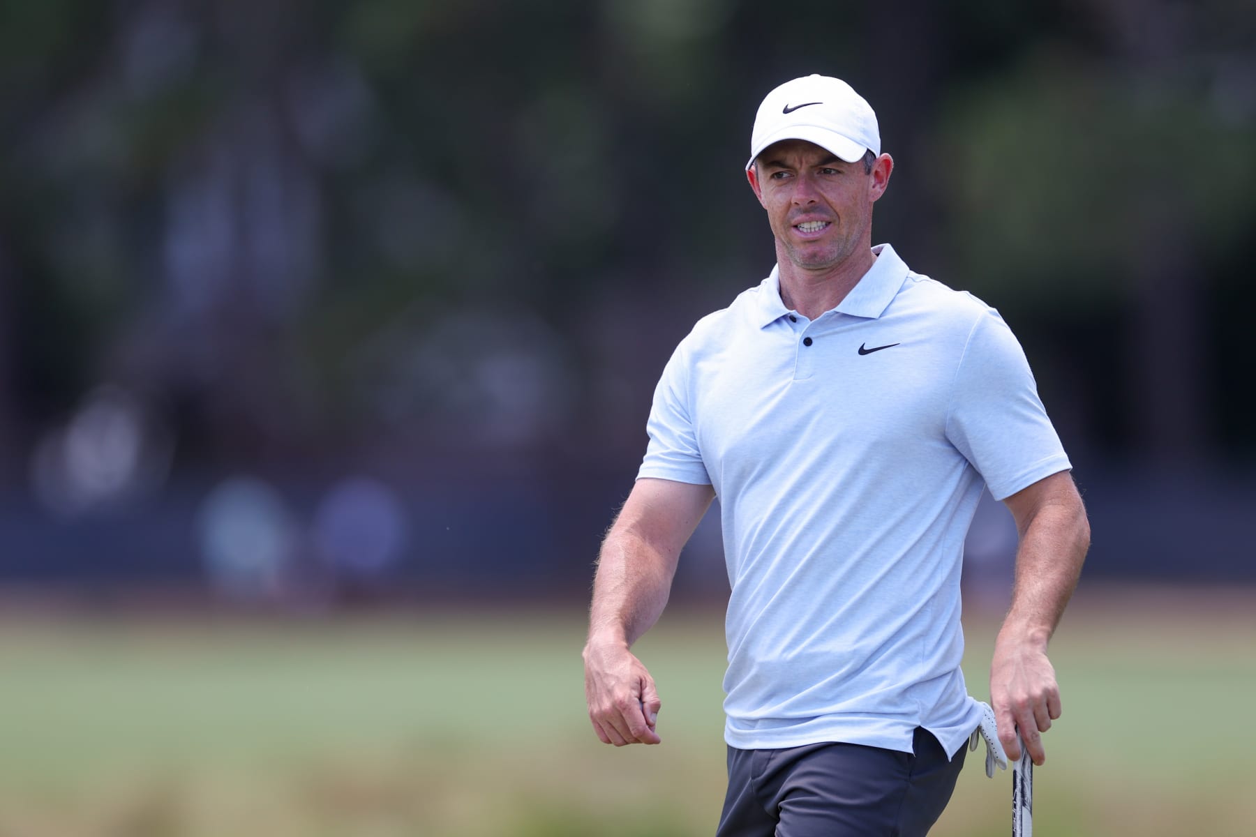 PINEHURST, NORTH CAROLINA - JUNE 11: Rory McIlroy of Northern Ireland walks on the third green during a practice round prior to the U.S. Open at Pinehurst Resort on June 11, 2024 in Pinehurst, North Carolina. (Photo by Sean M. Haffey/Getty Images)