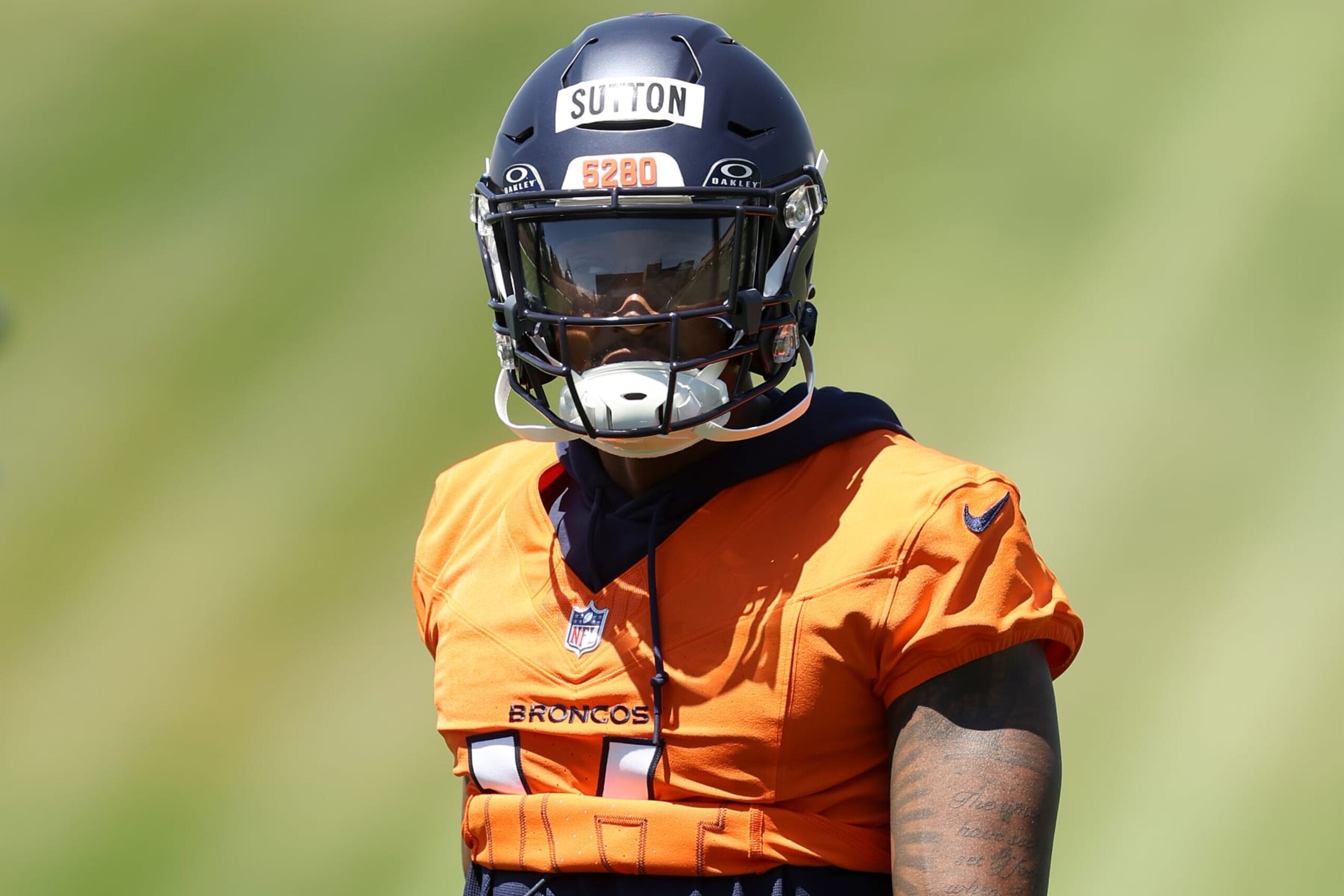 ENGLEWOOD, COLORADO - JUNE 11: Courtland Sutton #14 of the Denver Broncos walks on the field during Denver Broncos OTA Offseason Workouts at Centura Health Training Center on June 11, 2024 in Englewood, Colorado. (Photo by Matthew Stockman/Getty Images)