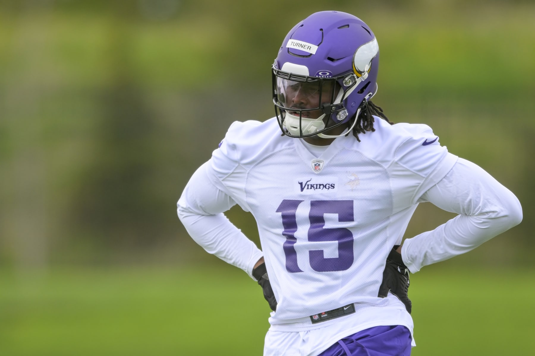 EAGAN, MN - MAY 10: Minnesota Vikings linebacker Dallas Turner (15) looks on during Minnesota Vikings Rookie Camp on May 10, 2024, at TCO Performance Center in Eagan, MN.(Photo by Nick Wosika/Icon Sportswire via Getty Images)