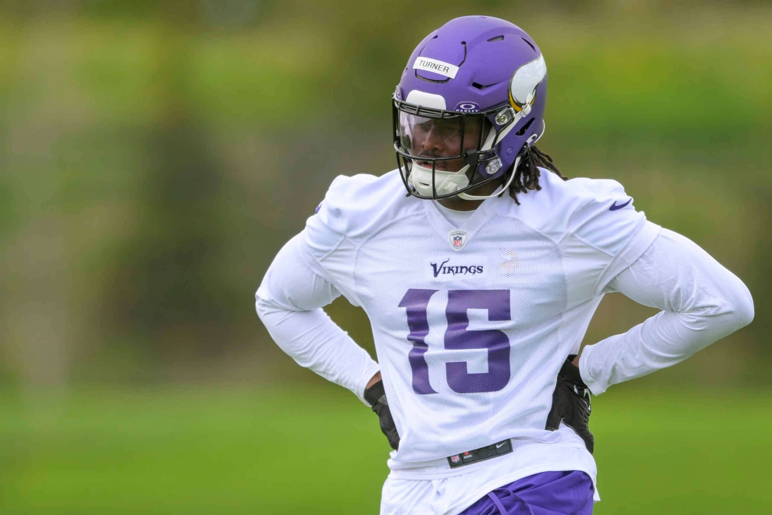 EAGAN, MN - MAY 10: Minnesota Vikings linebacker Dallas Turner (15) looks on during Minnesota Vikings Rookie Camp on May 10, 2024, at TCO Performance Center in Eagan, MN.(Photo by Nick Wosika/Icon Sportswire via Getty Images)
