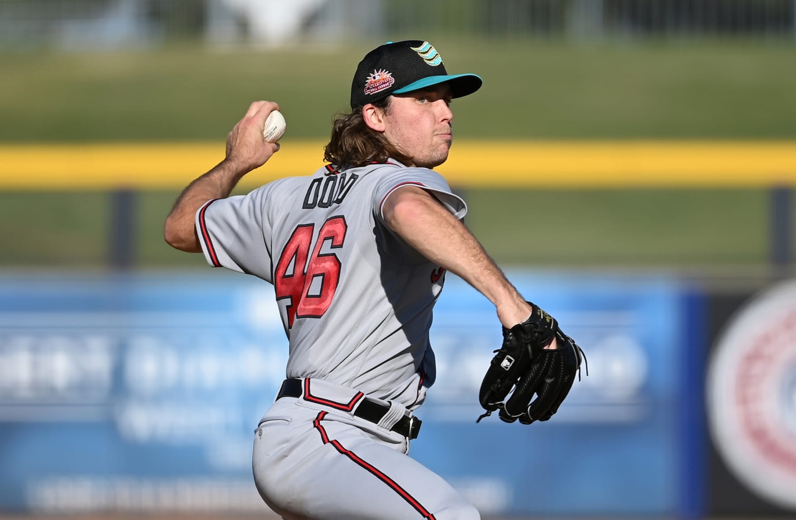 PEORIA , AZ - OCTOBER 18: Dylan Dodd #46 of the Salt River Rafters pitches during the game between the Salt River Rafters and the Peoria Javelinas at Peoria Sports Complex on Wednesday, October 18, 2023 in Peoria , Arizona. (Photo by Norm Hall/MLB Photos via Getty Images)