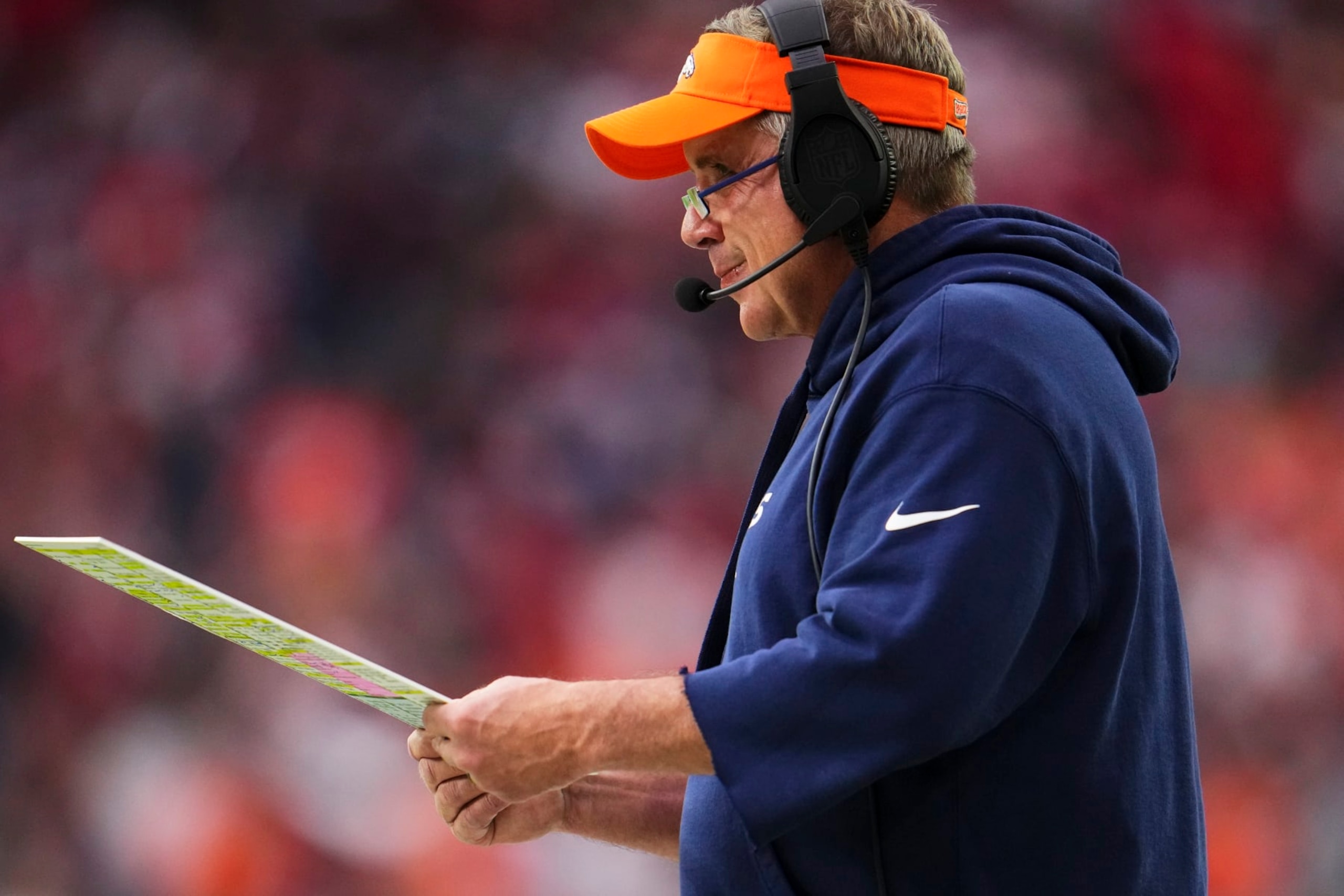 HOUSTON, TX - DECEMBER 03: Denver Broncos head coach Sean Payton looks on against the Houston Texans during the second half at NRG Stadium on December 3, 2023 in Houston, Texas. (Photo by Cooper Neill/Getty Images)