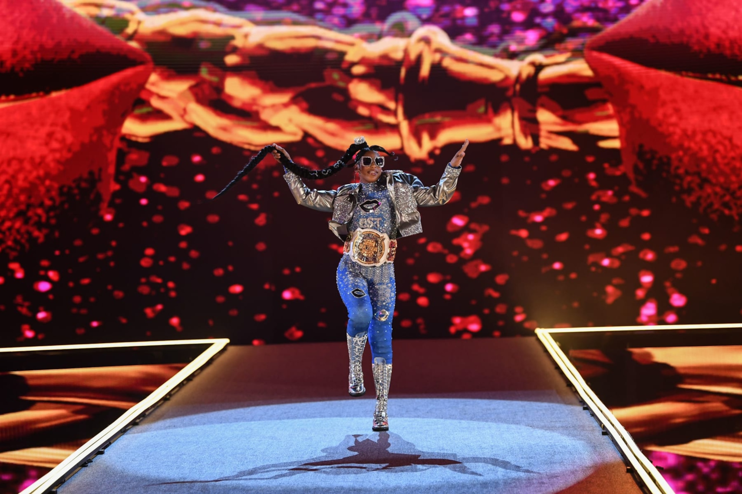 JEDDAH, SAUDI ARABIA - MAY 24: Bianca Belair makes her way to the ring during SmackDown at Jeddah Superdome on May 24, 2024 in Jeddah, Saudi Arabia.  (Photo by WWE/Getty Images)