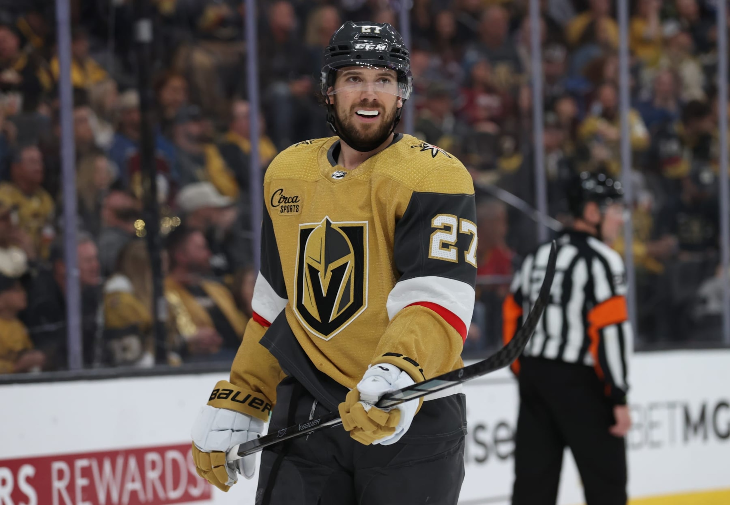 LAS VEGAS, NEVADA - APRIL 14: Shea Theodore #27 of the Vegas Golden Knights looks on third period against the Colorado Avalanche at T-Mobile Arena on April 14, 2024 in Las Vegas, Nevada. (Photo by Zak Krill/NHLI via Getty Images)