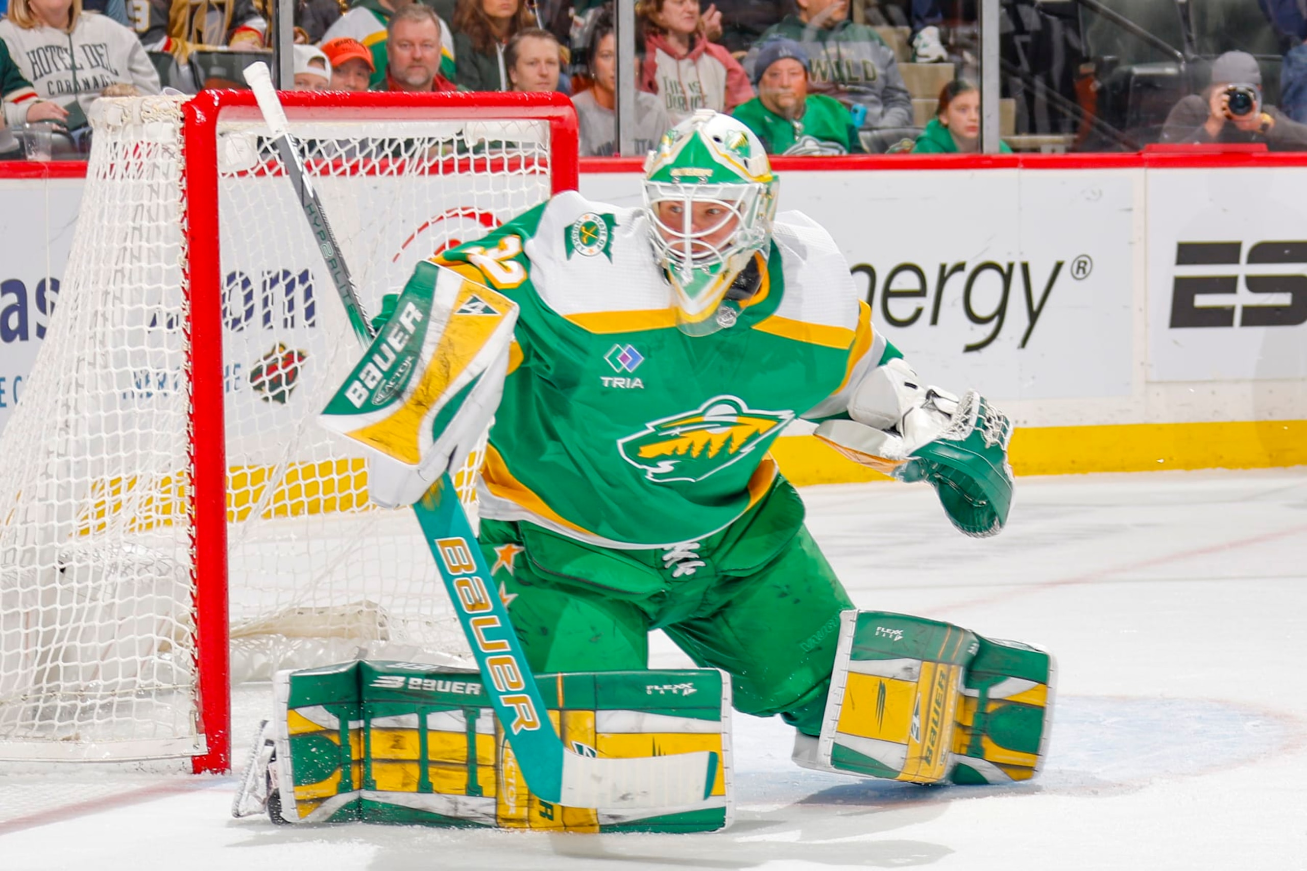 SAINT PAUL, MN - MARCH 30: Filip Gustavsson #32 of the Minnesota Wild defends his goal against the Vegas Golden Knights during the game at the Xcel Energy Center on March 30, 2024 in Saint Paul, Minnesota. (Photo by Bruce Kluckhohn/NHLI via Getty Images)
