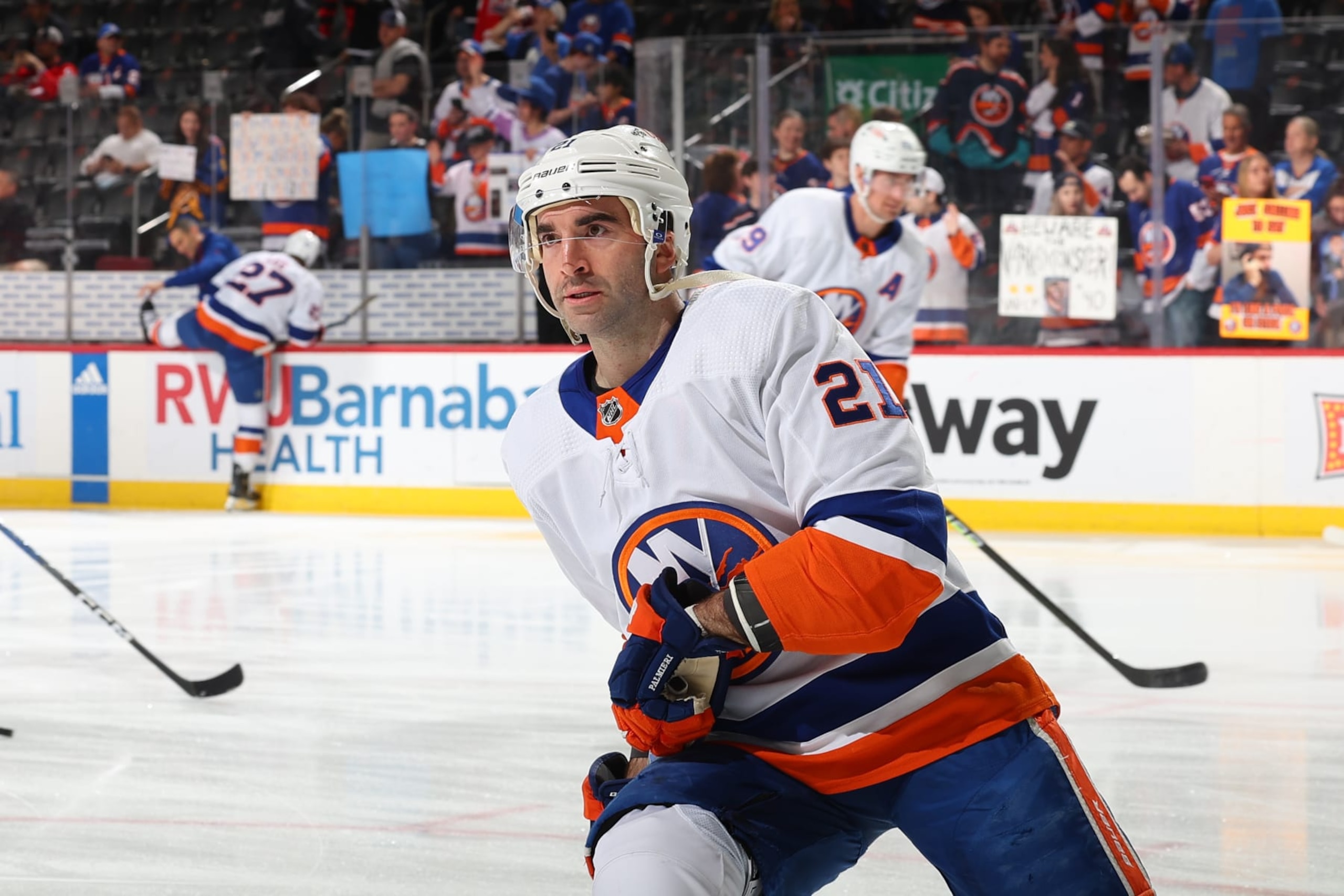NEWARK, NJ - APRIL 15: Kyle Palmieri #21 of the New York Islanders skates during warm up prior to the game against the New Jersey Devils at the Prudential Center on April 15, 2024 in Newark, New Jersey.  (Photo by Rich Graessle/NHLI via Getty Images)