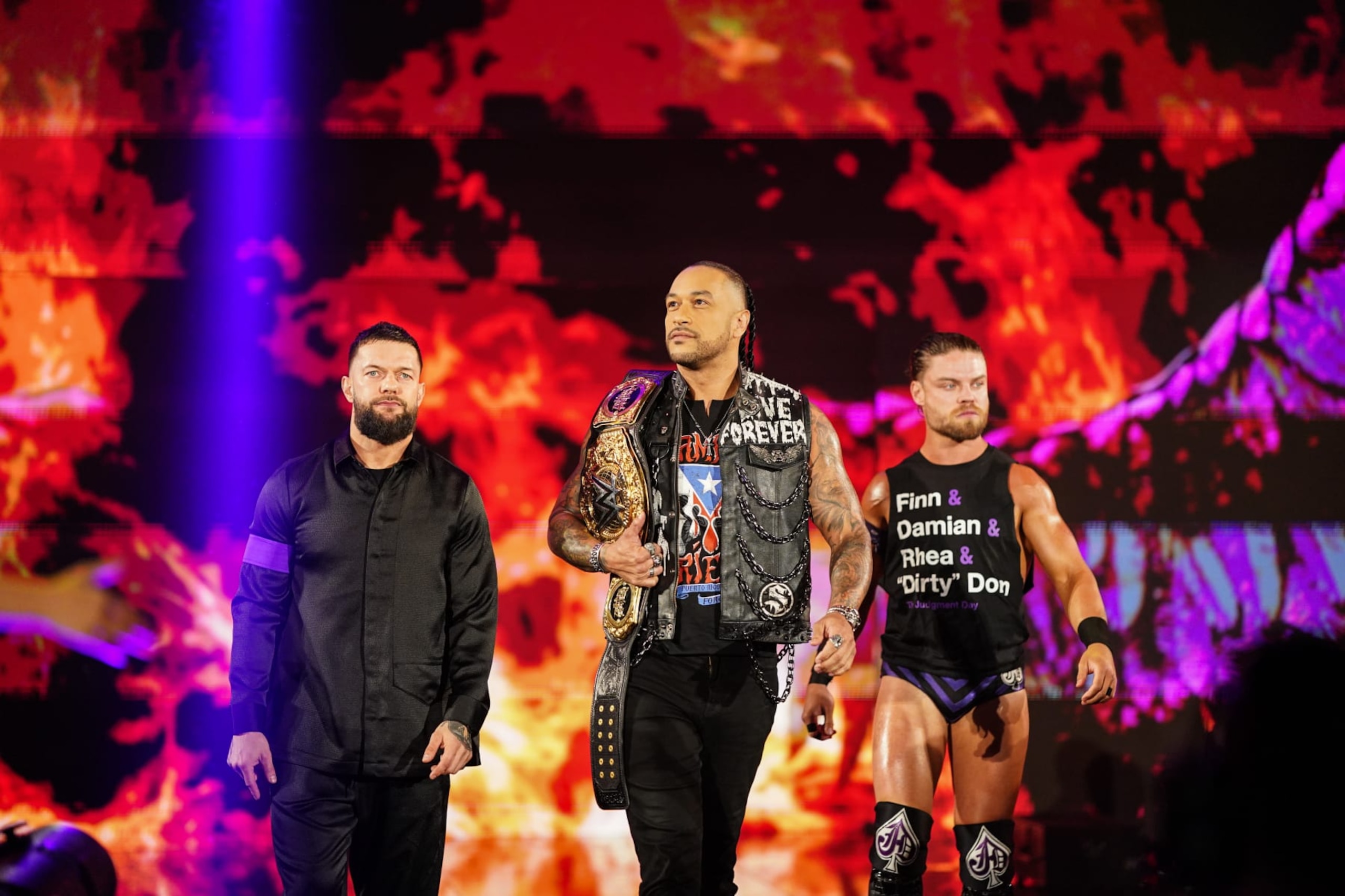 TOLEDO, OHIO - JUNE 10: Finn Balor, Damian Priest, and JD McDonagh of Judgment Day make their way to the ring during Monday Night RAW at Huntington Center on June 10, 2024 in Toledo, Ohio.  (Photo by WWE/Getty Images)