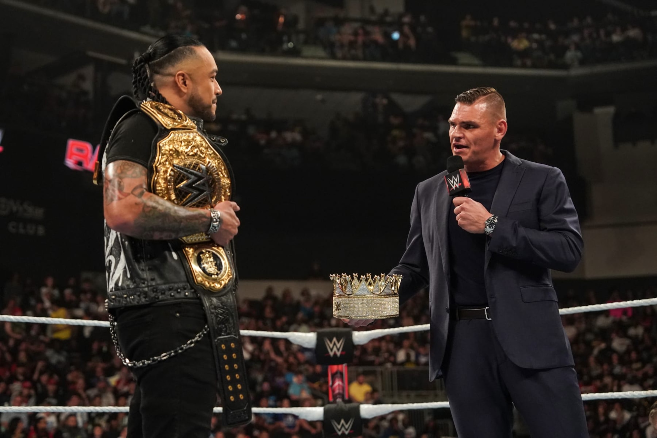 SAVANNAH, GEORGIA - MAY 27: Damian Priest and GUNTHER Face-off during RAW at Enmarket Arena on May 27, 2024 in Savannah, Georgia.  (Photo by WWE/Getty Images)
