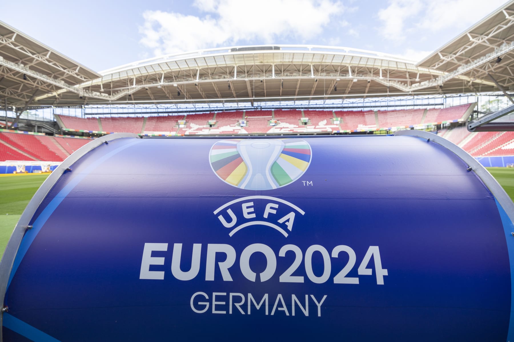 LEIPZIG, GERMANY - JUNE 11: EURO 2024 logo is seen ahead of the UEFA EURO 2024 Germany at Leipzig Stadium on June 11, 2024 in Leipzig, Germany. Germany is hosting the Euro 2024, which will begin on June 14. (Photo by Maja Hitij/Getty Images)