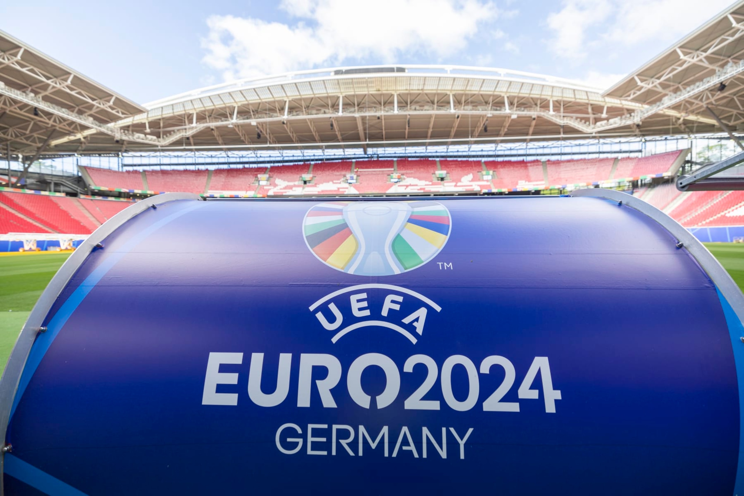 LEIPZIG, GERMANY - JUNE 11: EURO 2024 logo is seen ahead of the UEFA EURO 2024 Germany at Leipzig Stadium on June 11, 2024 in Leipzig, Germany. Germany is hosting the Euro 2024, which will begin on June 14. (Photo by Maja Hitij/Getty Images)