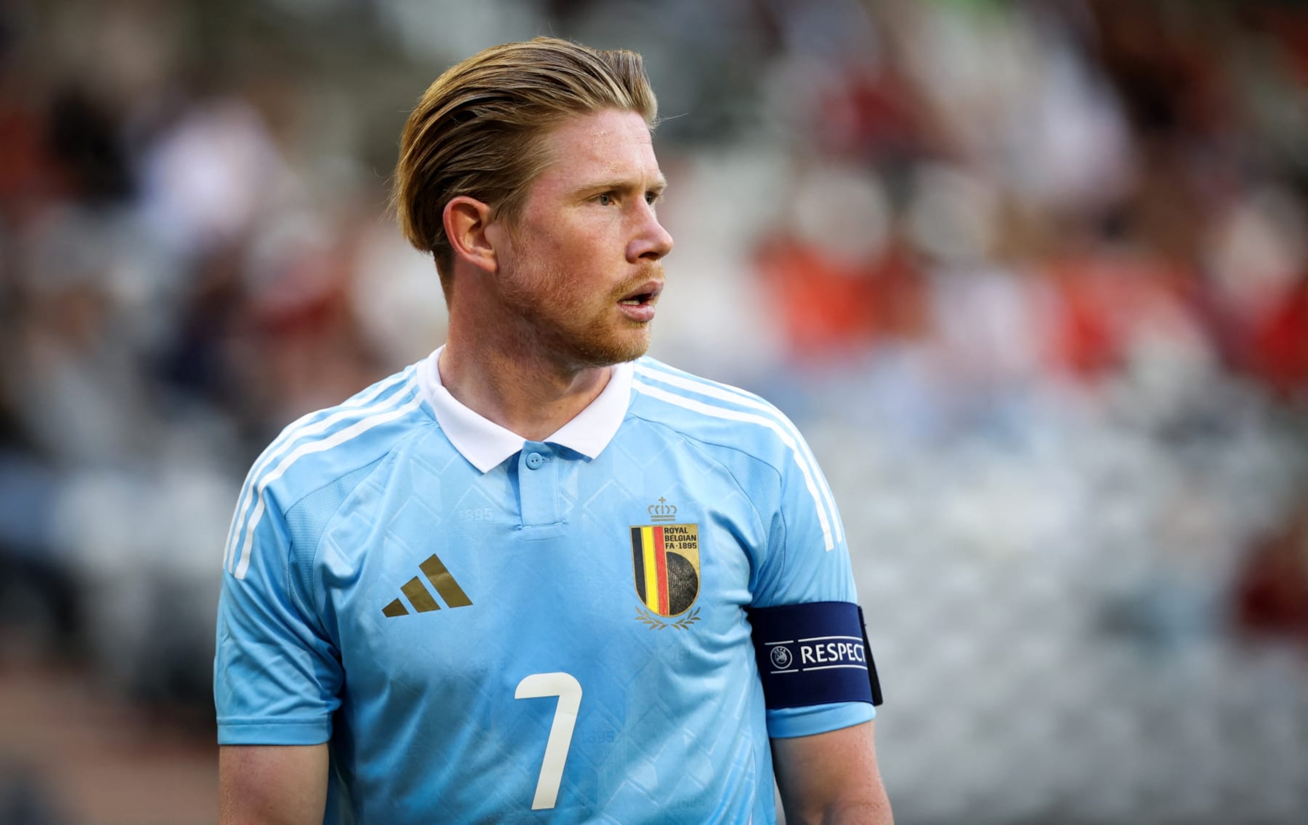 Belgium's midfielder #07 Kevin De Bruyne reacts during the international friendly football match between Belgium and Luxembourg at the King Baudouin stadium in Brussels on June 8, 2024. (Photo by VIRGINIE LEFOUR / Belga / AFP) / Belgium OUT (Photo by VIRGINIE LEFOUR/Belga/AFP via Getty Images)