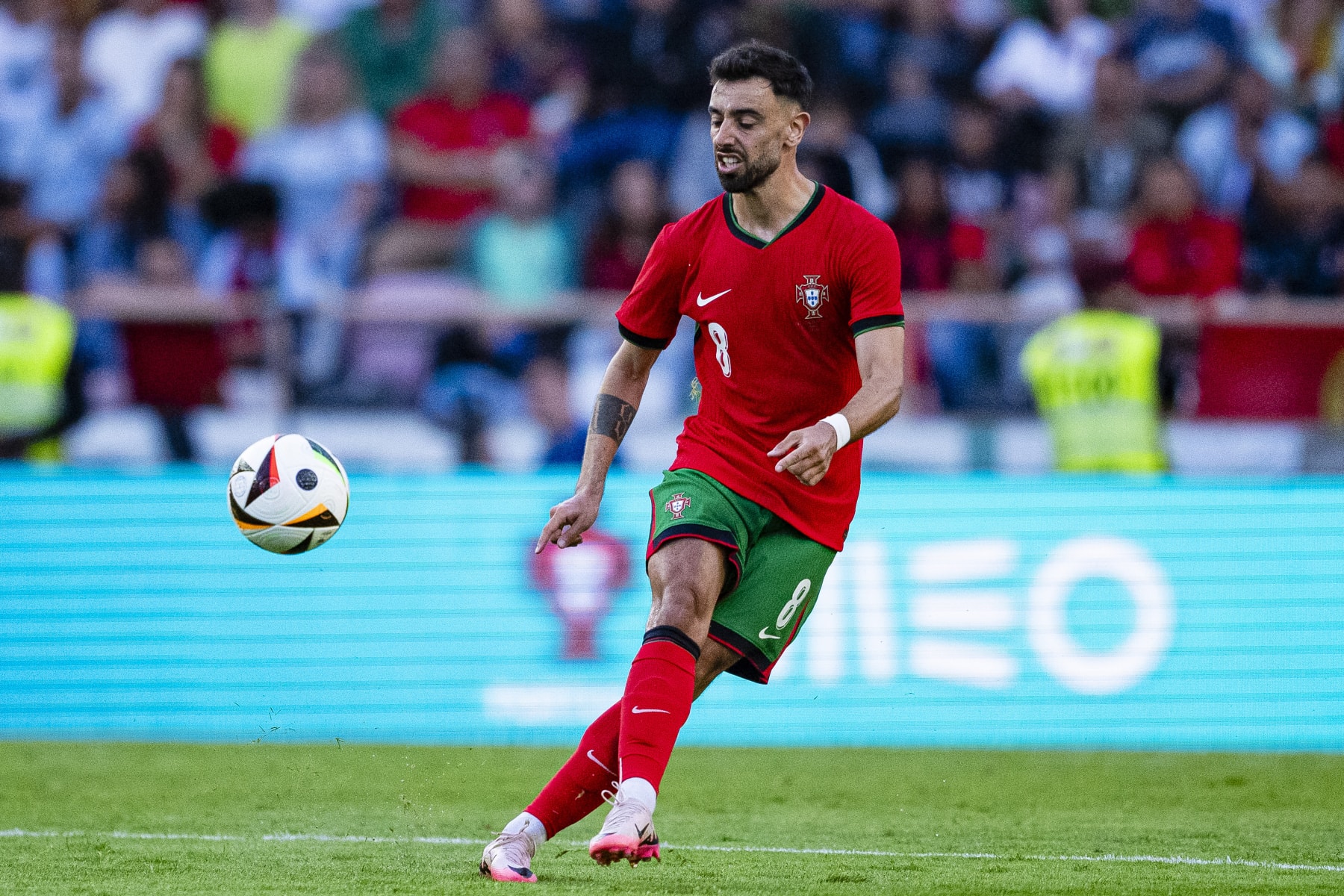 AVEIRO, PORTUGAL - JUNE 11: Bruno Fernandes of Portugal attempts a kick during the International Friendly match between Portugal and the Republic of Ireland at Estádio Municipal de Aveiro on June 11, 2024 in Aveiro, Portugal. (Photo by Pedro Loureiro/Eurasia Sport Images/Getty Images)