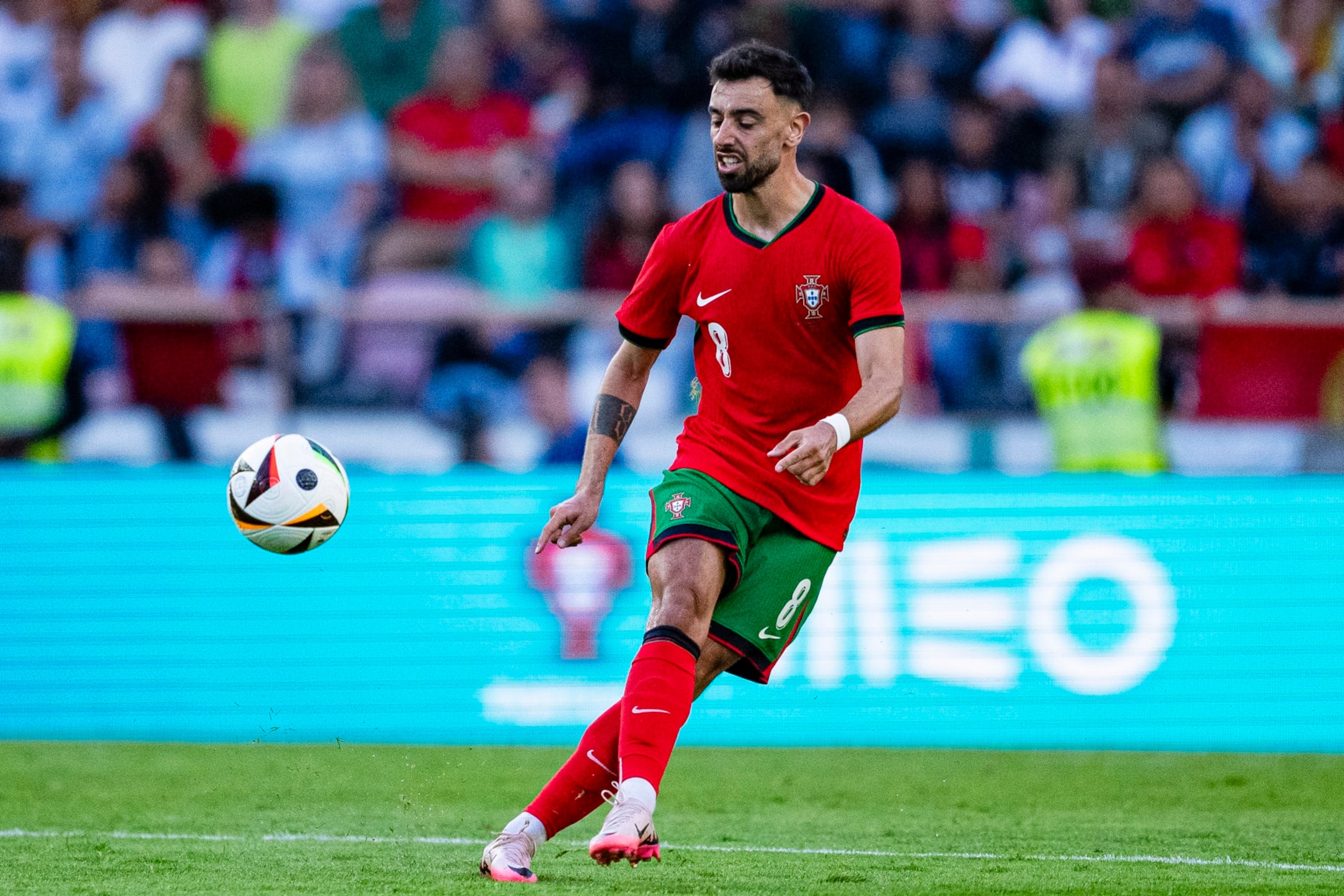 AVEIRO, PORTUGAL - JUNE 11: Bruno Fernandes of Portugal attempts a kick during the International Friendly match between Portugal and the Republic of Ireland at Estádio Municipal de Aveiro on June 11, 2024 in Aveiro, Portugal. (Photo by Pedro Loureiro/Eurasia Sport Images/Getty Images)