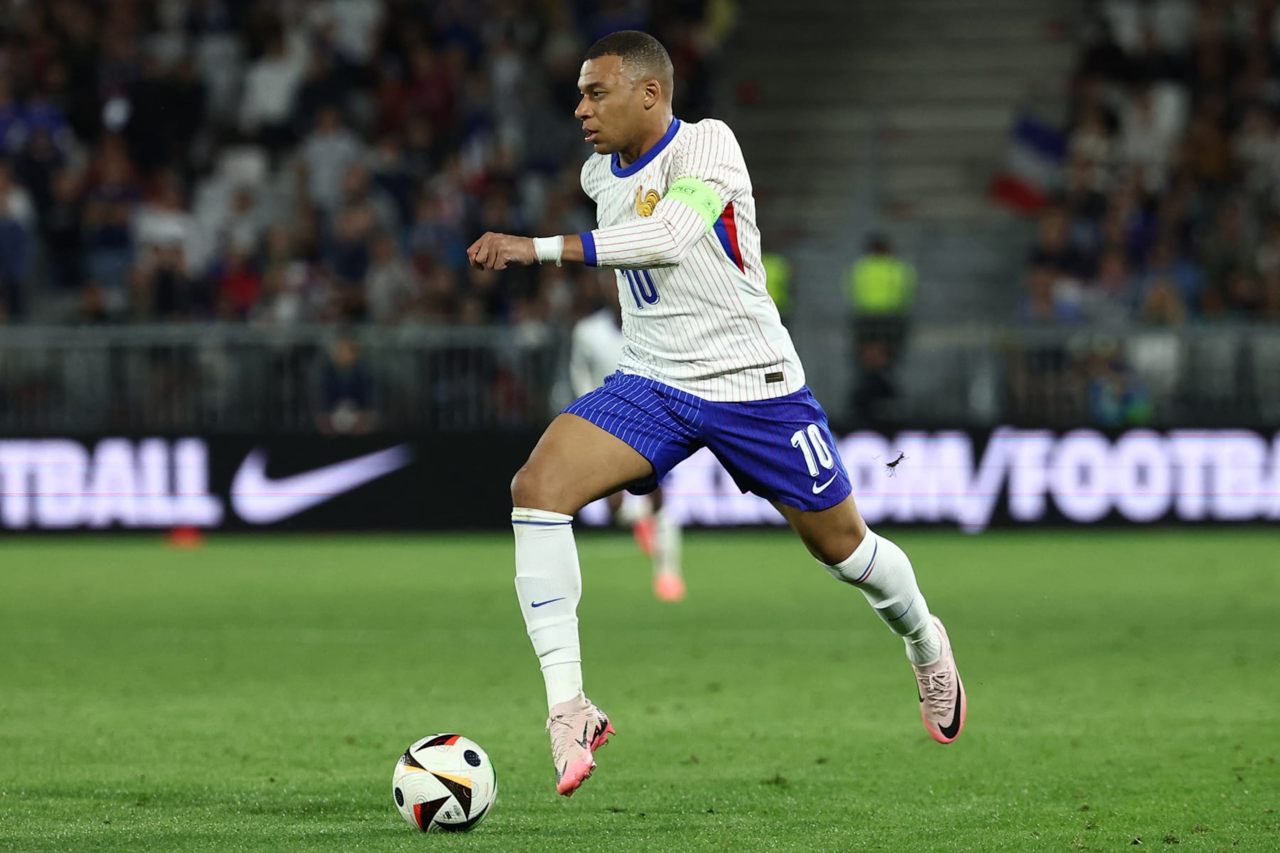 France's forward #10 Kylian Mbappe runs with the ball during the International friendly football match between France and Canada at the Matmut Atlantique stadium in Bordeaux, on June 9, 2024. (Photo by FRANCK FIFE / AFP) (Photo by FRANCK FIFE/AFP via Getty Images)